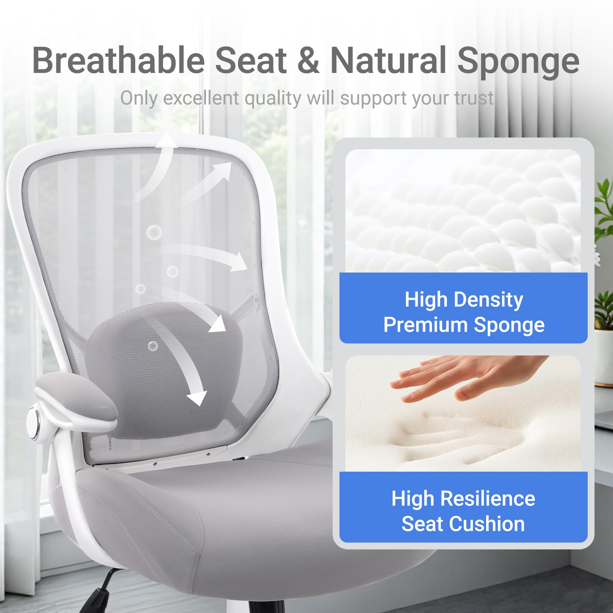400lbs Heavy Duty Office Chair, 5" Thickened Seat Ergonomic Desk Chair with Adjustable Armrests, Home Office Computer Chairs for Long Hours Mesh Executive Chair(Grey)