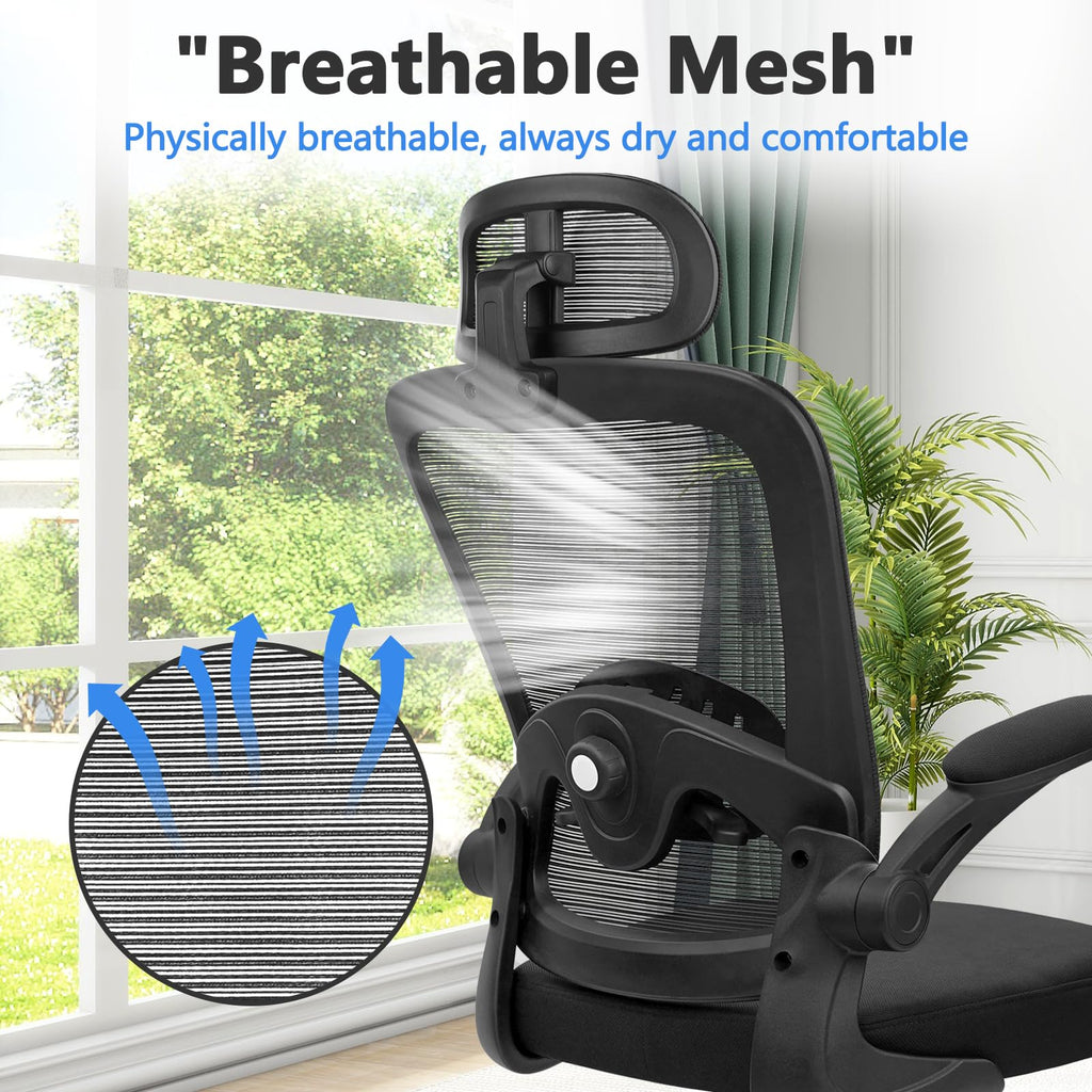 Desk Chairs with Wheels, Ergonomic Mesh Back Home Office Chair with Headrest, Adjustable Lumbar Support Swivel Rolling Computer Chairs with Flip Up Armrests for Conference Meeting Room, Black