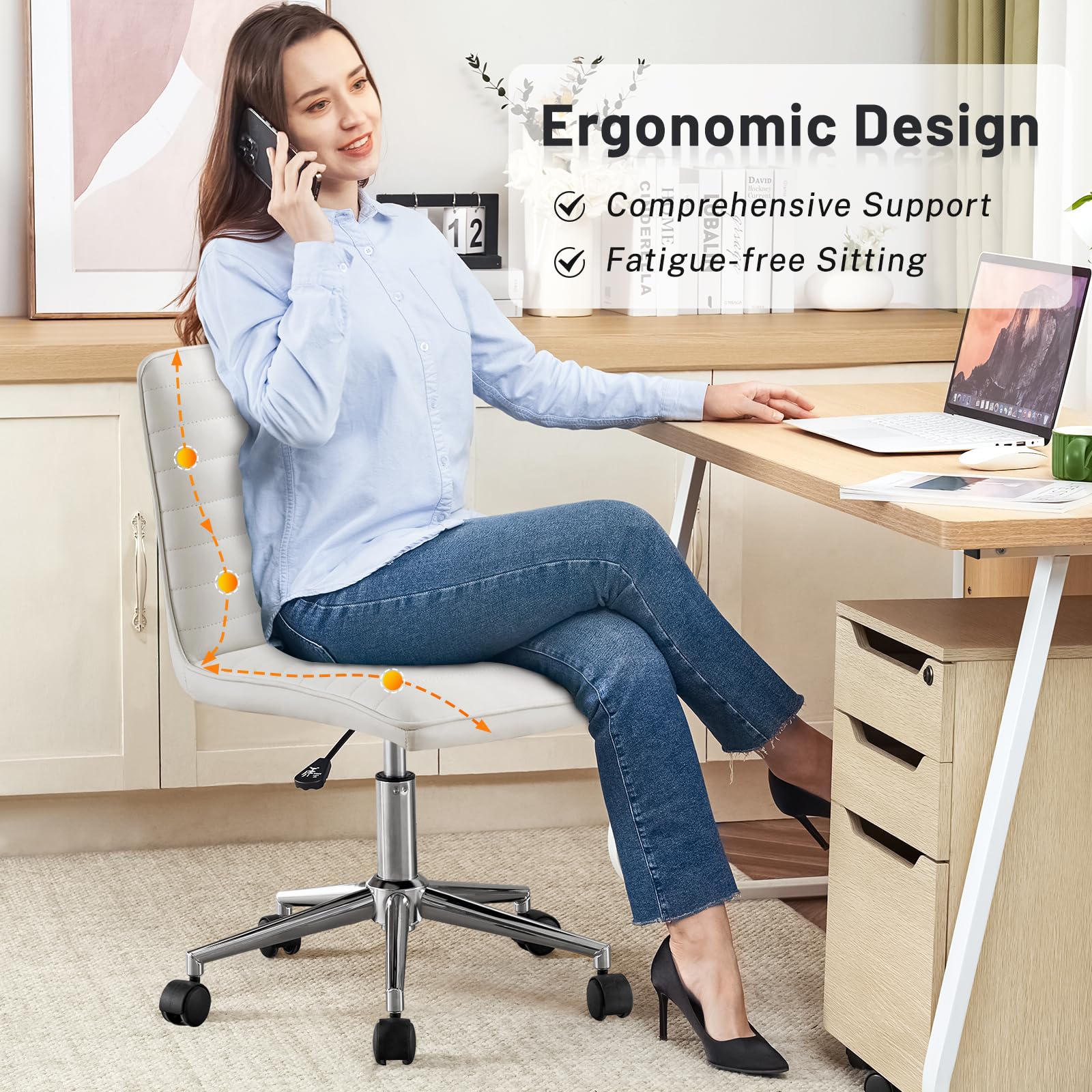 PU Leather Armless Office Chair - 360° Swivel Computer Desk Chair with Adjustable Height & Comfy Chrome Legs, Ivory White - Perfect for Home Office, Bedroom, Living Room & Vanity, Ivory White