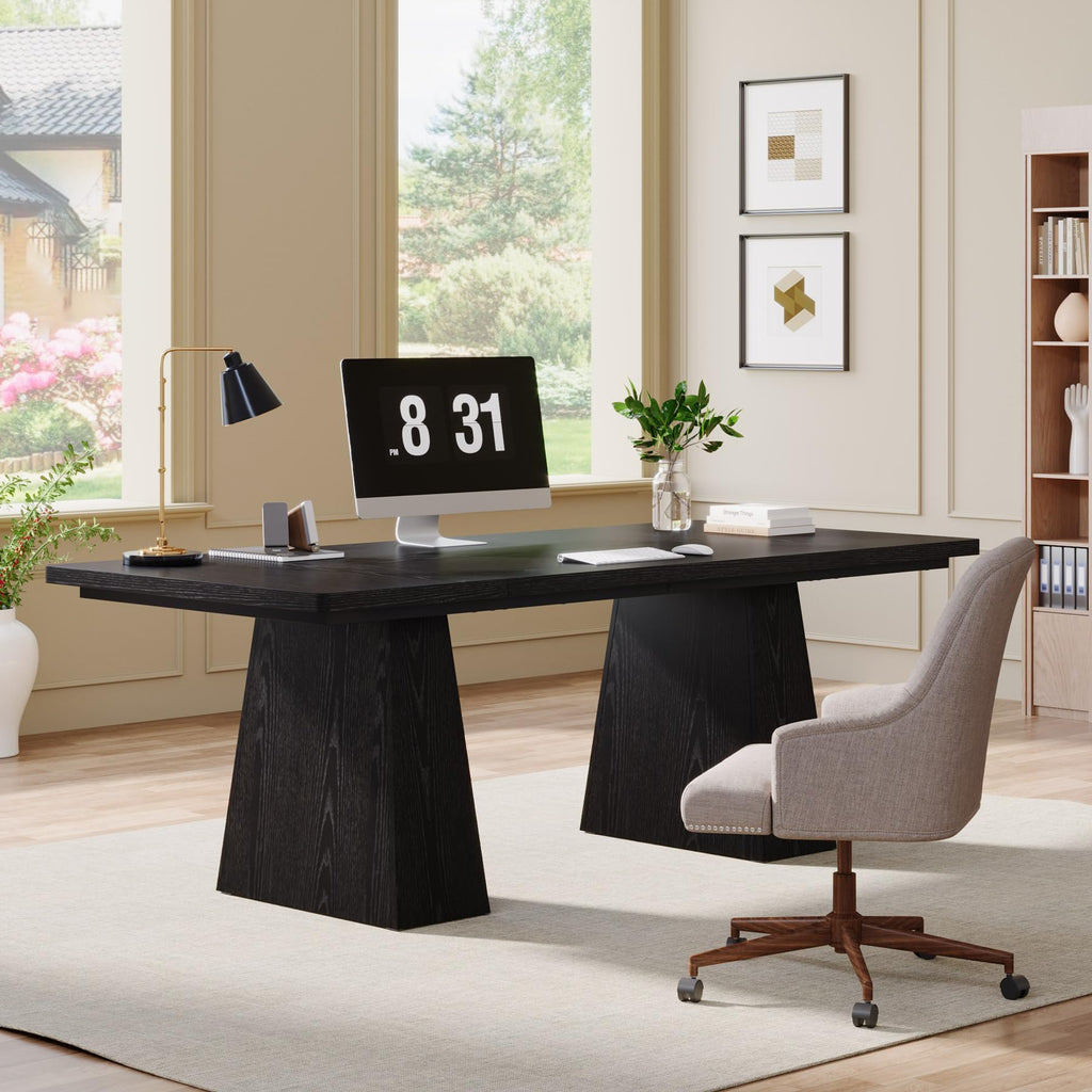 63-Inch Executive Desk, Large Office Computer Desk with Double Pedestal, Modern Simple Workstations Writing Table Conference Table Business Furniture for Home Office, Black