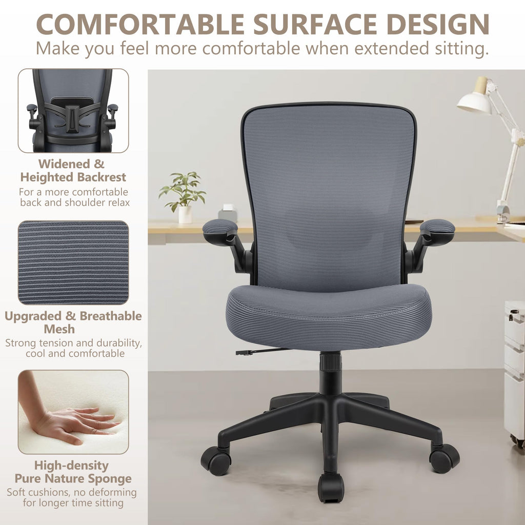 Office Chair, Ergonomic Desk Chair Breathable Mesh Chairs Adjustable High Back Lumbar Support Flip-up Armrests, Executive Rolling Swivel Comfy Computer Chairs Home Office Slate Gray