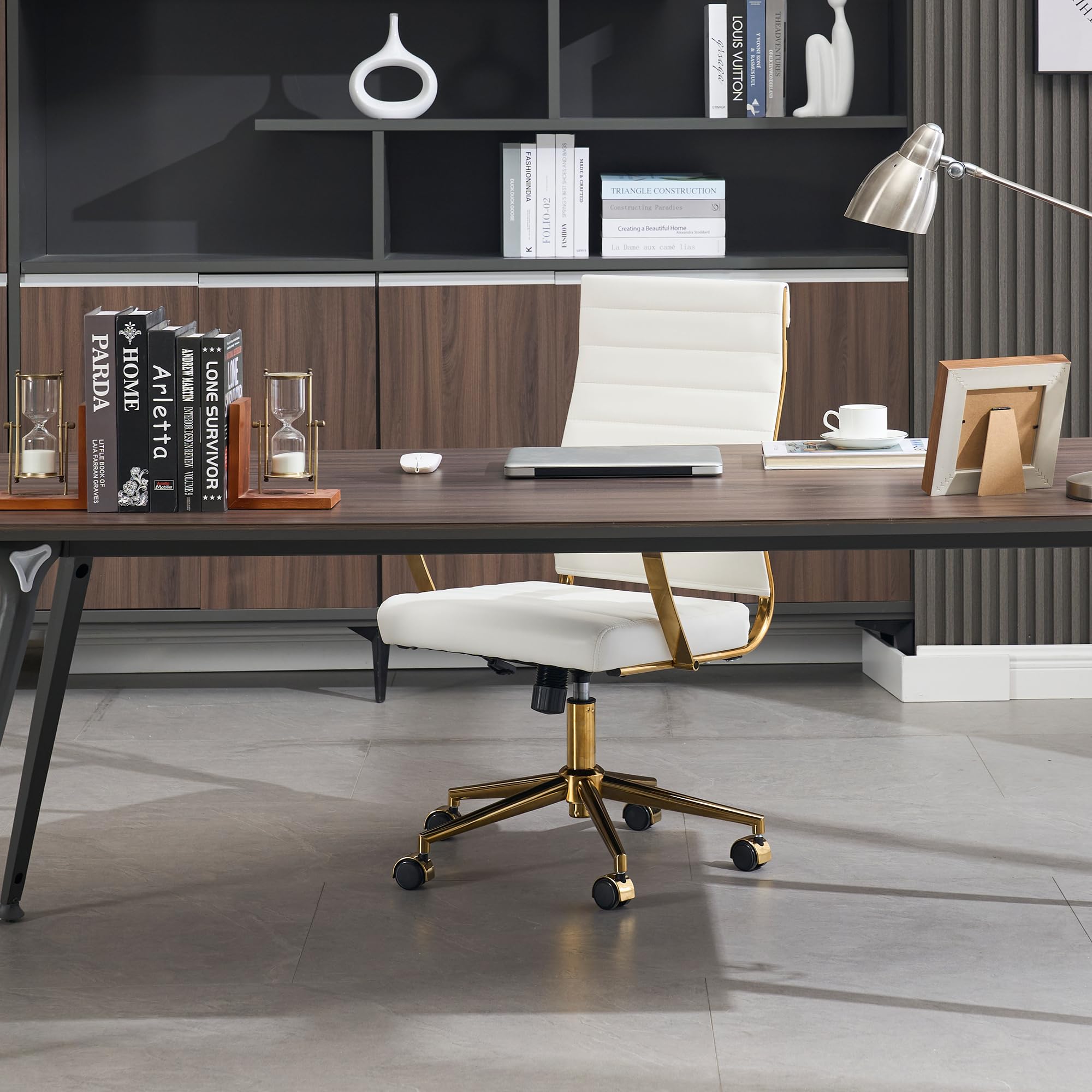 Gold Office Desk Chair, Ergonomic Leather Modern Conference Room Chairs, Executive Ribbed Height Adjustable Swivel Rolling Golden Chair for Home Office.