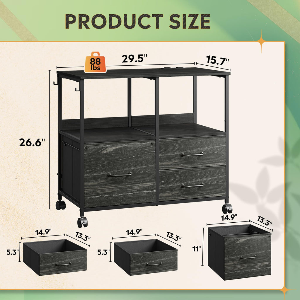 3 Drawer Mobile File Cabinet with Storage Shelf, Charging Station