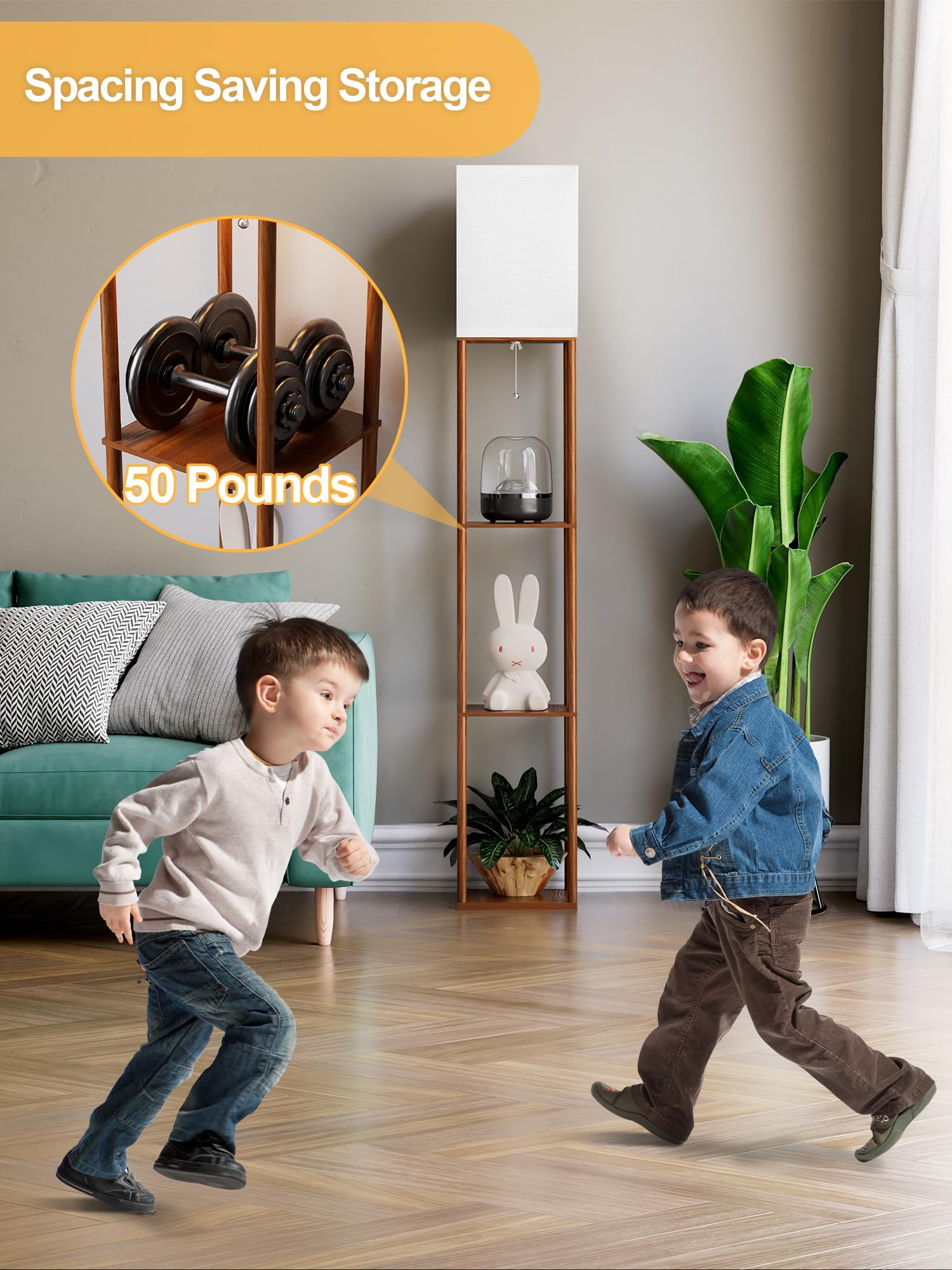 Floor Lamp with Shelves for Living Room Walnut Brown, Shelf Floor Lamp with 3 CCT LED Bulb, Corner Display Standing Column Lamp Etagere Organizer Tower Nightstand with White Linen Shade for Bedroom