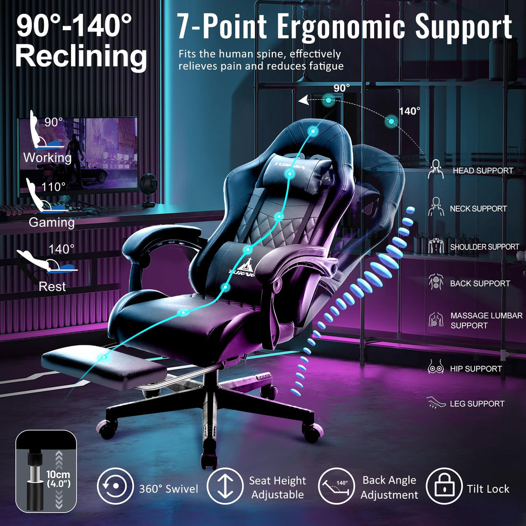 Gaming Chair,Ergonomic Massage Computer Office Desk Chair with Footrest,Pocket Spring Cushion,Reclining Leather Adjustable Gamer Chair with Headrest and Lumbar Support,Black
