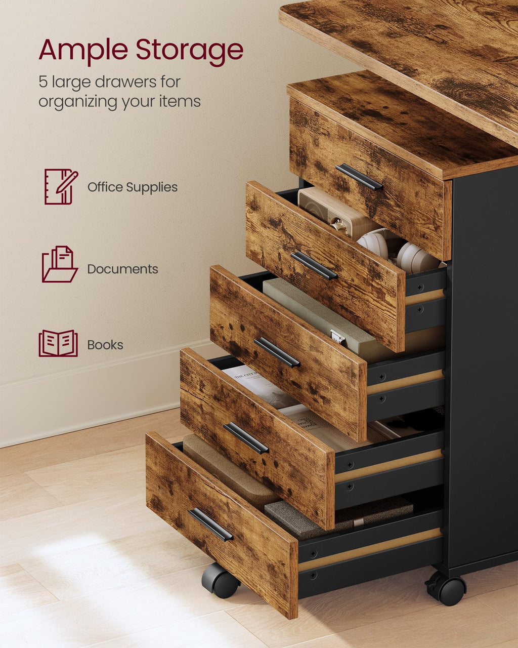 File Cabinet, Mobile Pedestal Filing Cabinet with Wheels, Printer Stand with 5 Drawers, Tool-Free Sliding Rails, for Study, Home Office, Rustic Brown