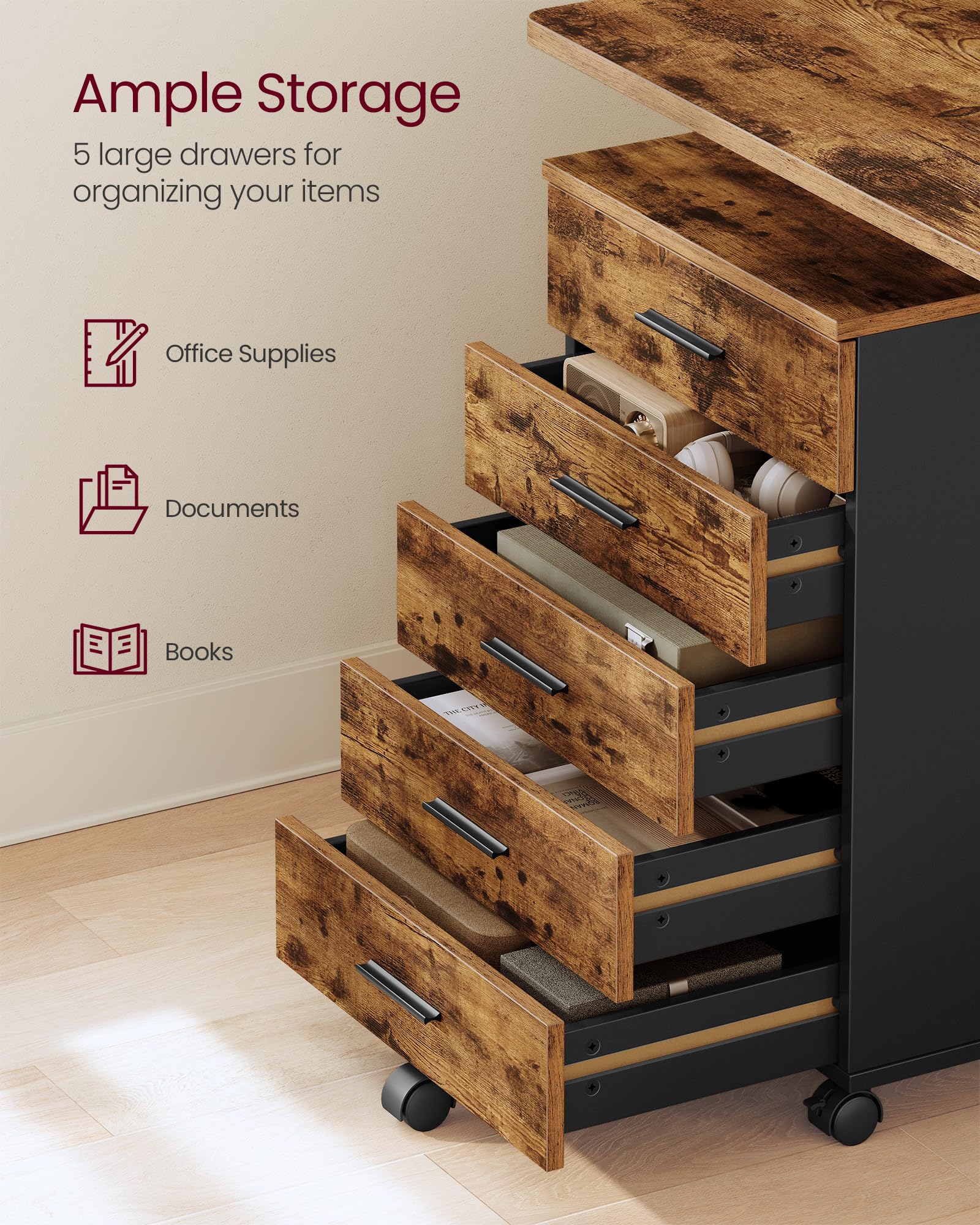 File Cabinet, Mobile Pedestal Filing Cabinet with Wheels, Printer Stand with 5 Drawers, Tool-Free Sliding Rails, for Study, Home Office, Rustic Brown