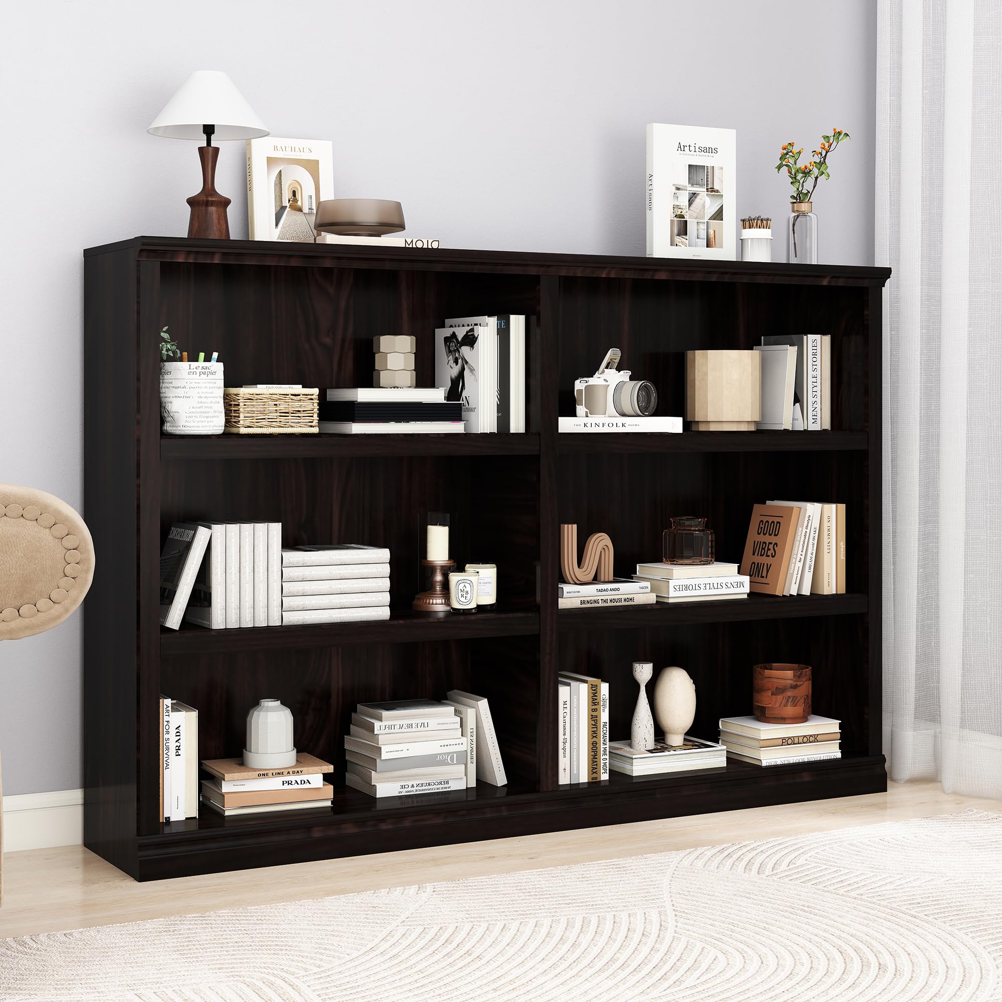 64" W Double Wide Open Shelf Bookcase, 3 Tiers 6 Storage Cube Book Shelf