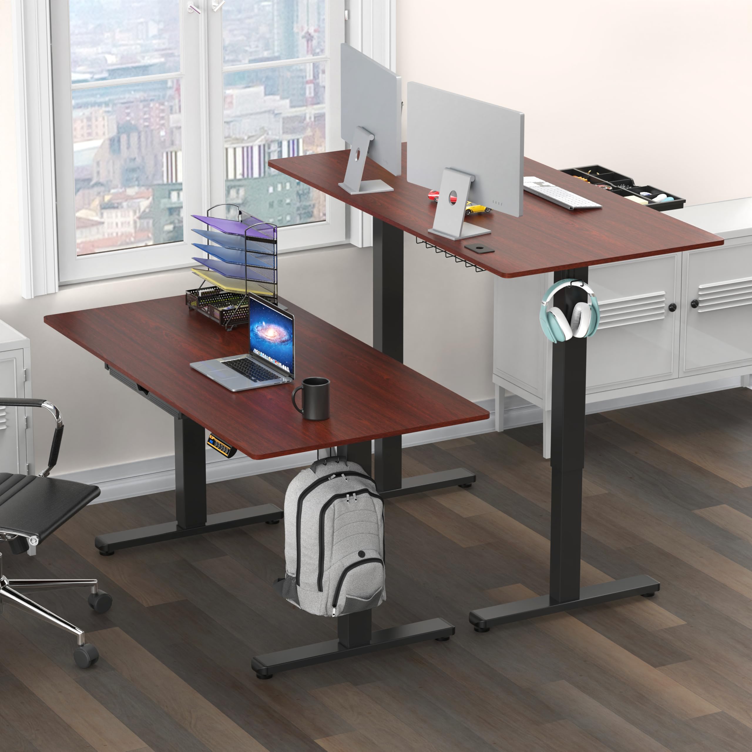 55 x 28 Inches Electric Height Adjustable Standing Desk with Drawer and Memory Preset, Cherry