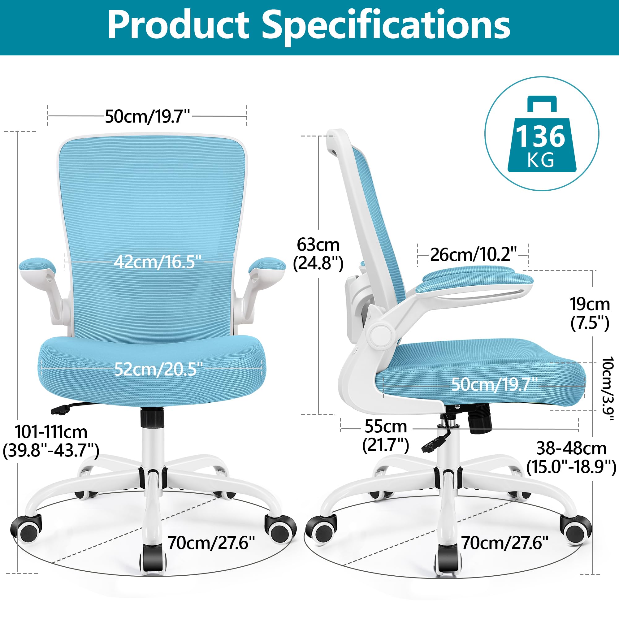 Office Chair, Ergonomic Desk Chair Breathable Mesh Chairs Adjustable High Back Lumbar Support Flip-up Armrests, Executive Rolling Swivel Comfy Computer Chairs Home Office Blue