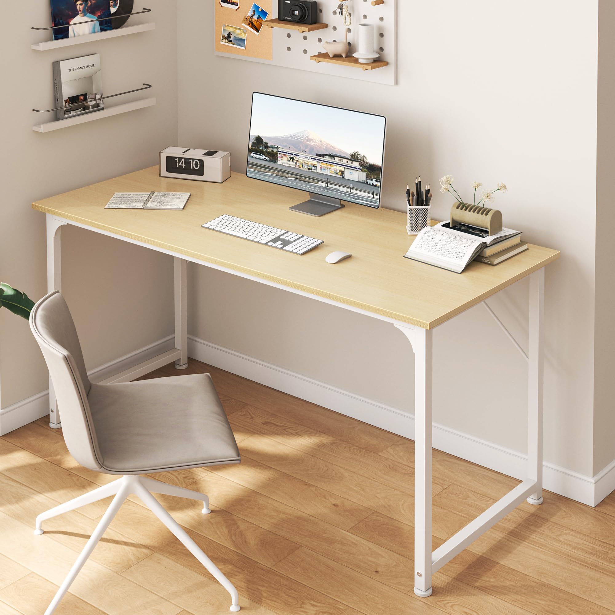 Computer Desk, 48 Inch Office Desk, Gaming Desk with Storage, Writing Desk Work Desk for Home Office, Study, Modern Simple Desk, Large Legroom, Metal Frame, Maple