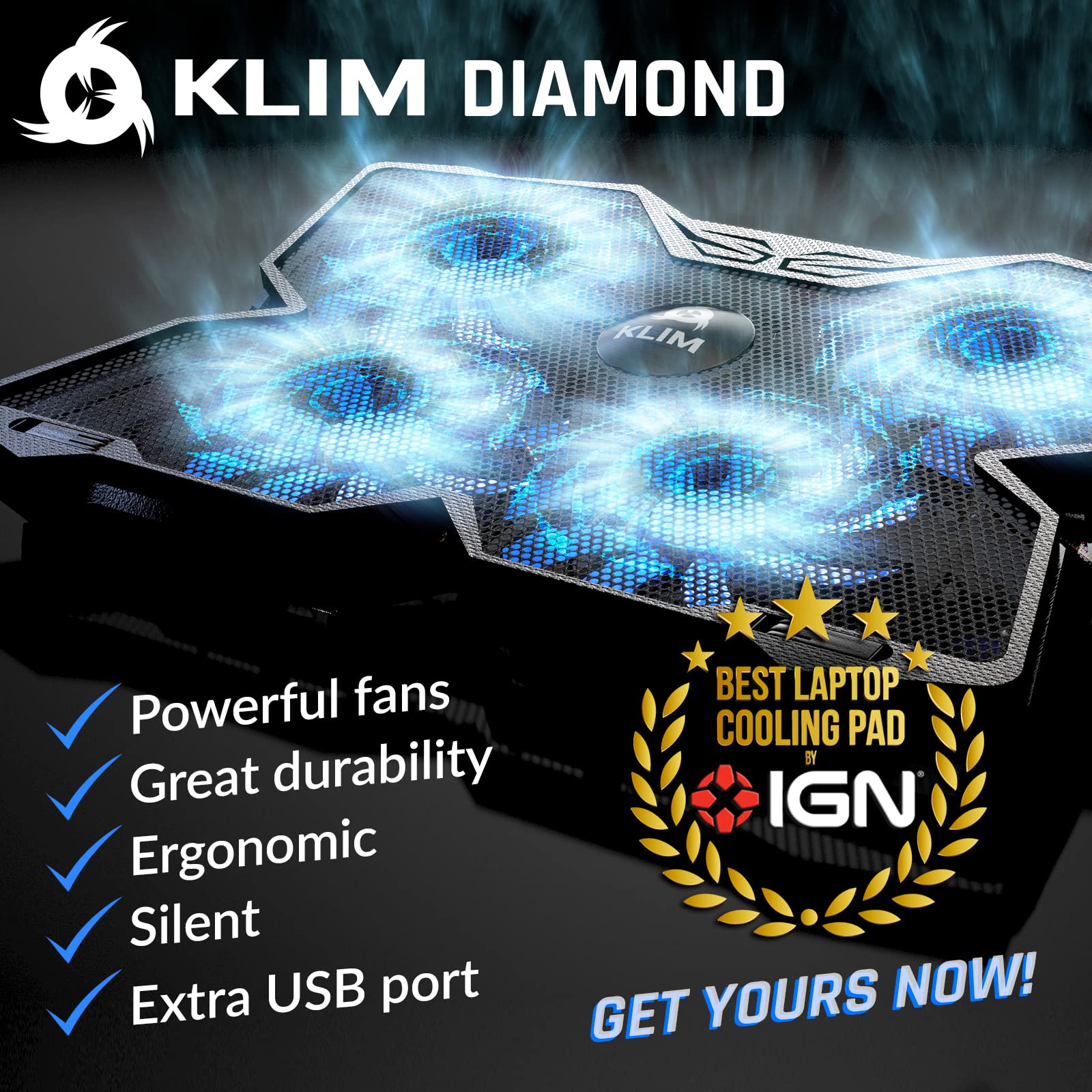 Laptop Cooling Pad - More Than 500,000 Units Sold - New Version - Powerful Rapid Action Laptop Cooler - Laptop Stand with 4 Cooling Fans - 2 USB Ports - PC Mac PS5 PS4 Xbox One - Diamond
