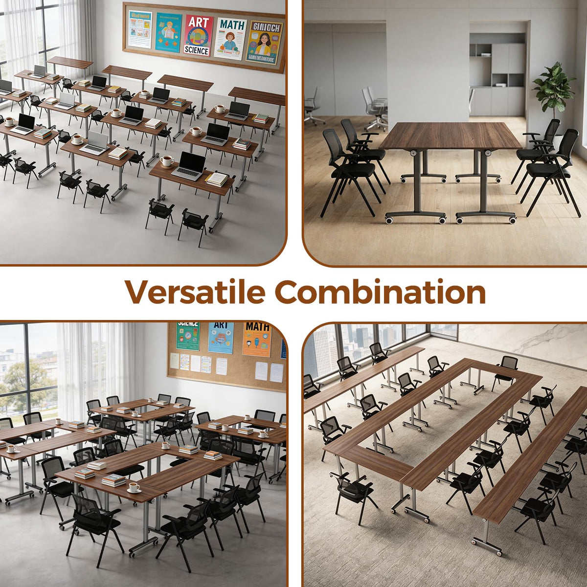 12 Pack Flip Top Training Table with Lockable Wheels, Mobile Nesting Folding Conference Table, Space Saving Seminar Desk for Classroom, Office, Library (Walnut, 47"×16"×30")