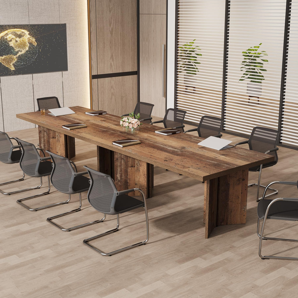 5.5FT Conference Table, 63-inch Rectangle Meeting Seminar Table, Large Distressed Brown Business Tables for 4-6 People, Heavy Duty Pedestal (Distressed Brown)