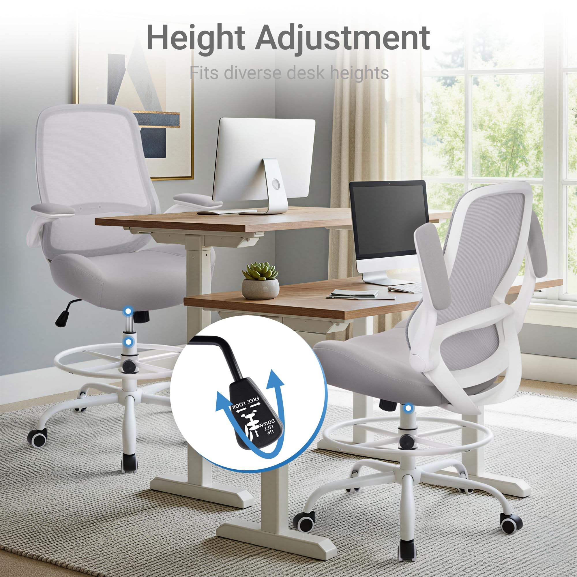 Drafting Chair Tall Office Chair with Flip-Up Armrests Ergonomic Computer Chair with Lumbar Support Adjustable Footrest Ring Mesh Standing Desk Chair (Grey)