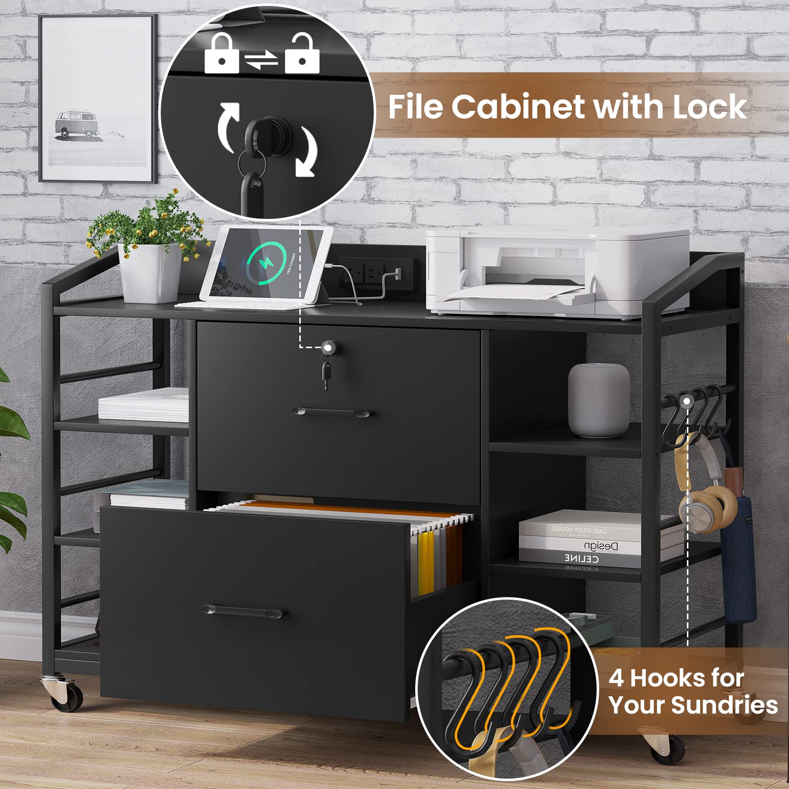44" File Cabinet with Lock, Filing Cabinet fits Legal/Letter Size
