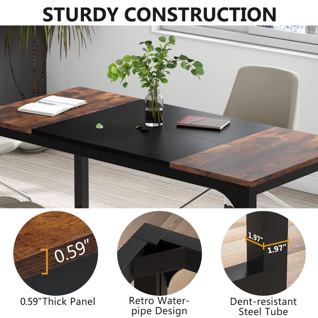 63” Executive Desk, Large Office Computer Desk with Thicken Frame, Modern Simple Workstation Business Furniture for Home Office, Rustic Brown/Black