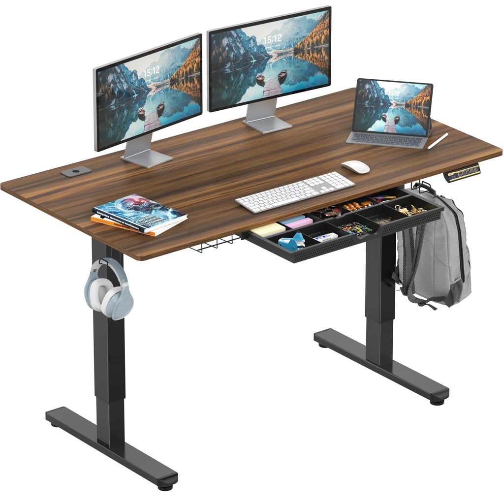 55 x 28 Inches Electric Height Adjustable Standing Desk with Drawer and Memory Preset, Walnut