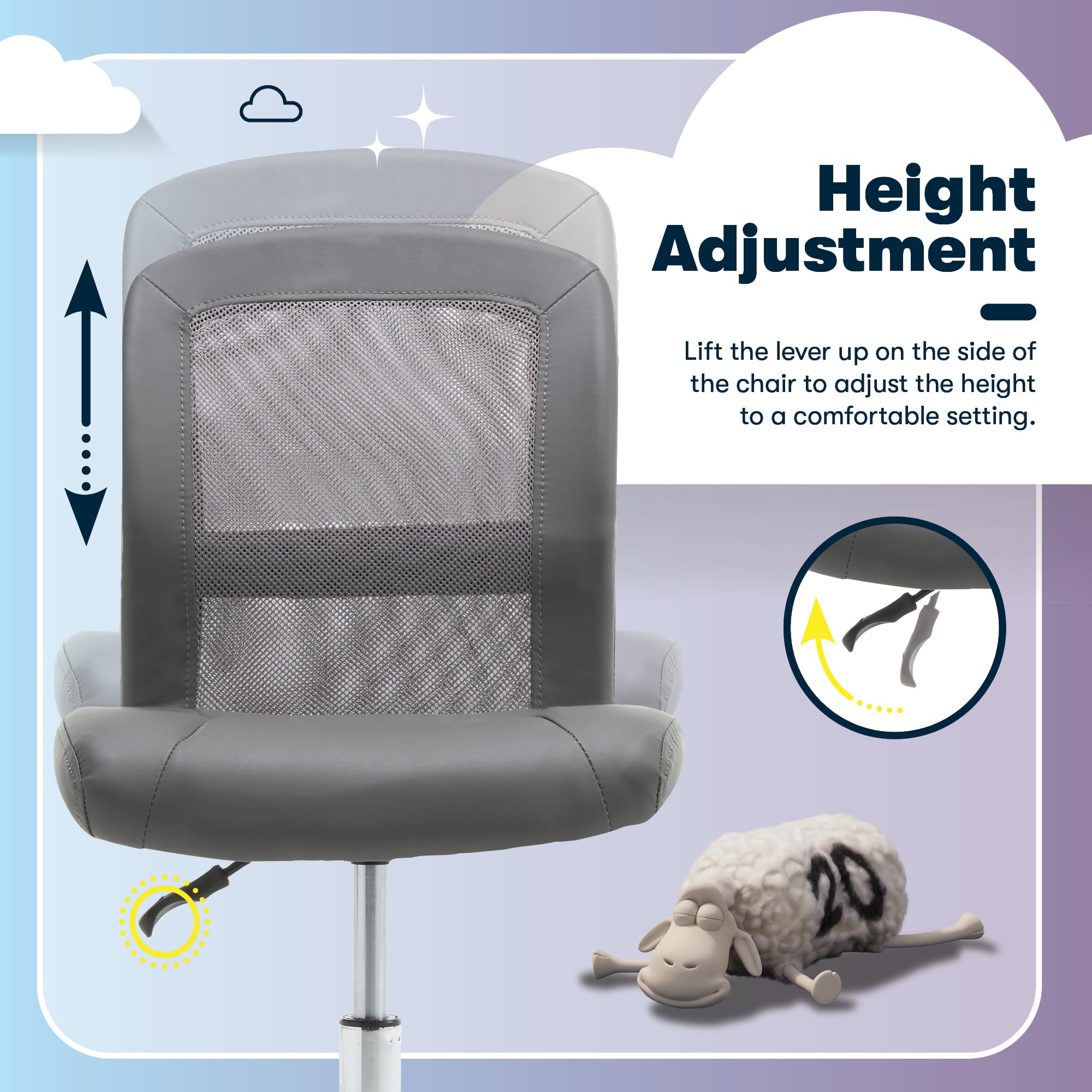 Essential Armless Chair, Small Desk Chairs with Wheels, Breathable Mesh Back and Faux Leather, Quality Foam Cushion Seat for Comfort, Minimal Design for Vanity Table, Gray