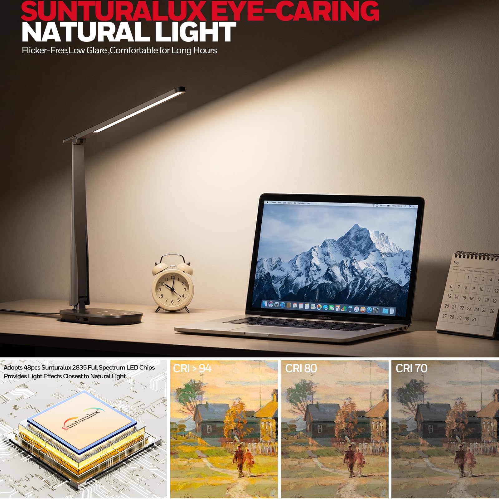 LED Desk Lamp for Home Office, Eye-Caring Dimmable Reading Light with 4 Color Modes, Touch Control, USB-A & USB-C Charging Ports, Adjustable Head, Timer for Bedroom & Small Desks