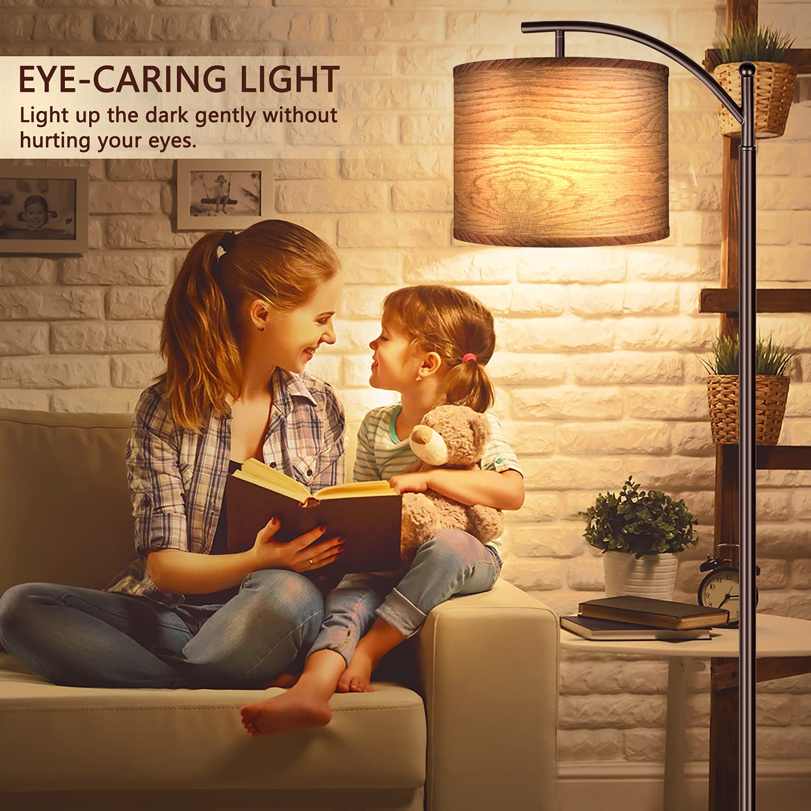 Floor Lamp for Living Room, LED Standing Lamp Tall Industrial Floor Lamp Reading for Bedroom, Office (9W LED Bulb, Wood Grain Lampshade Included) - Oil-Rubbed Bronze