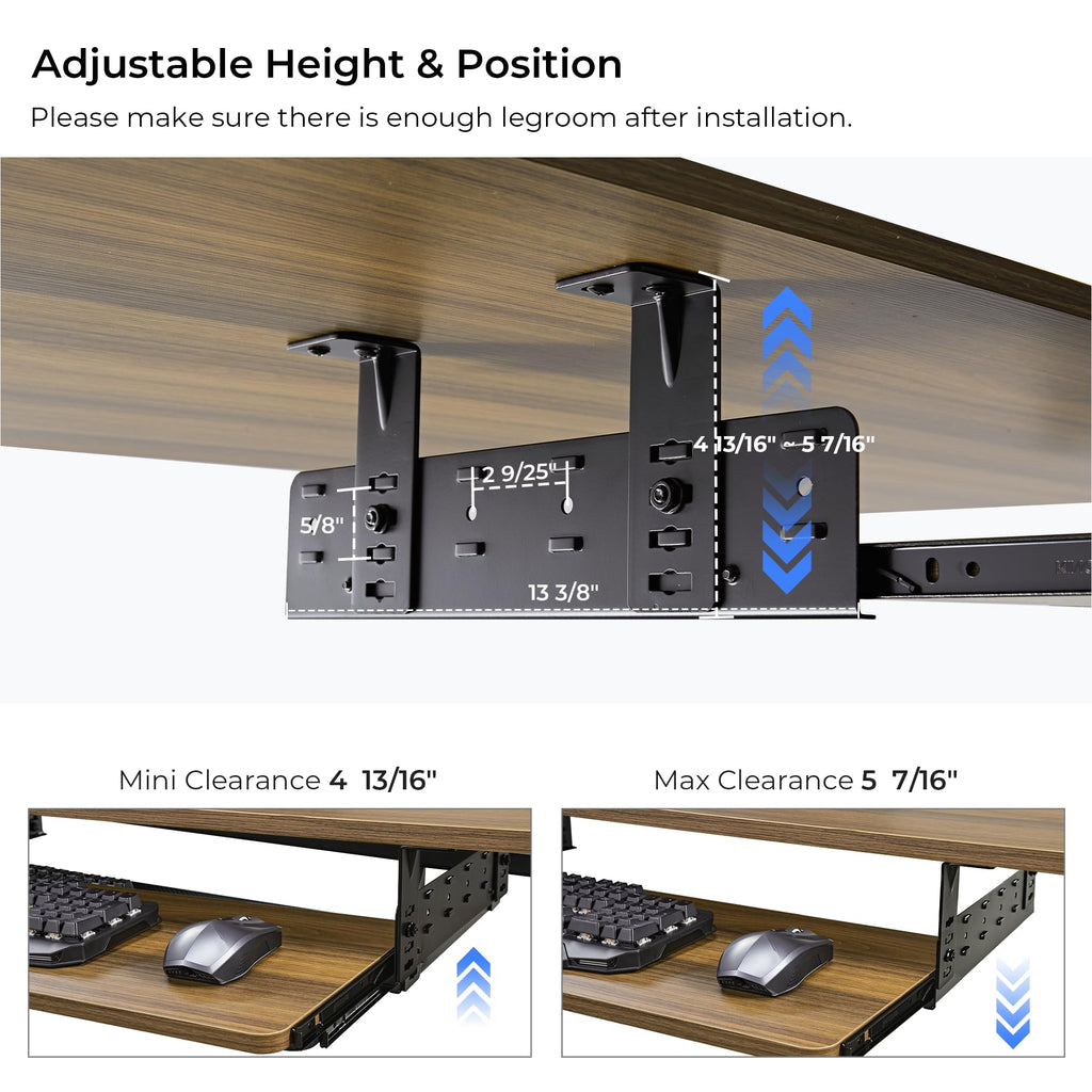 Adjustable Keyboard Tray Under Desk, 28x11 Inch Large Slide Out Keyboard & Mouse Platform Tray, Wooden Pull Out Computer Keyboard Drawer for Typing Home Office Desk, Walnut