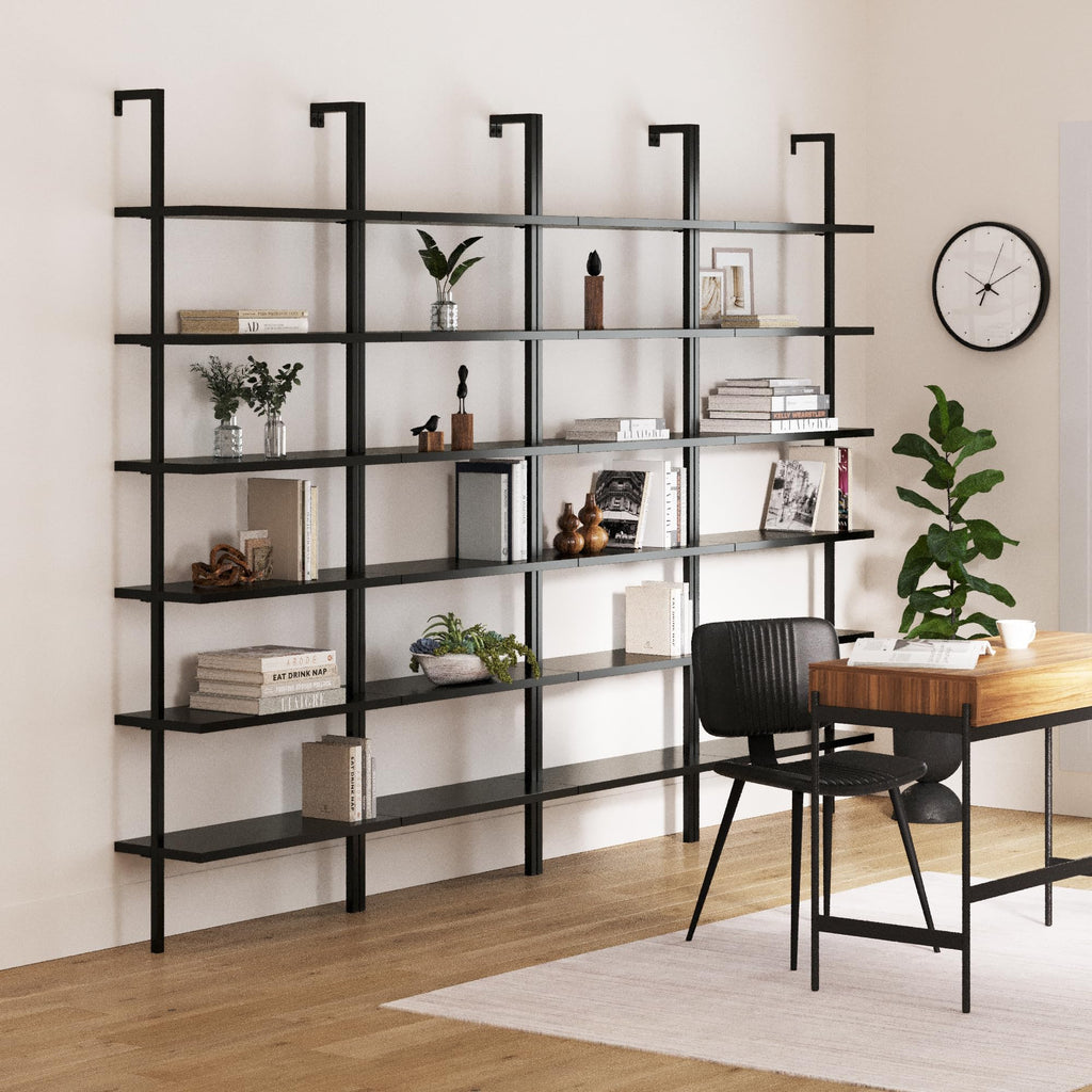 Set of 4, 6-Shelf Tall Bookcase, Wall Mount Bookshelf Wood Shelves and Metal Frame, Matte Black, Set of 4