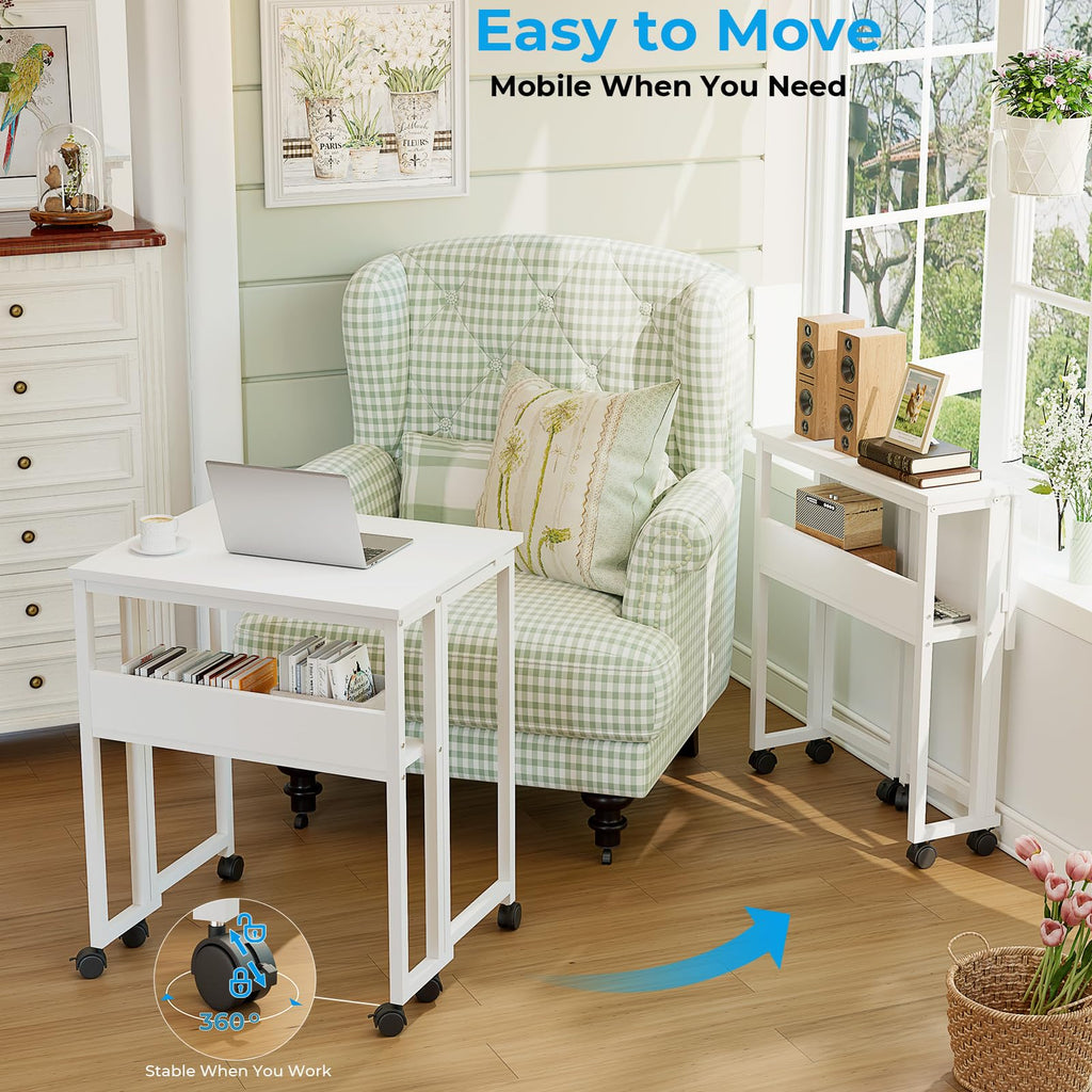 Folding Desk with Wheels, 31.5 Inch Compact Rolling Computer Table with Storage Shelf, Portable Mobile Workstation for Small Spaces, Easy Assembly, Pure White
