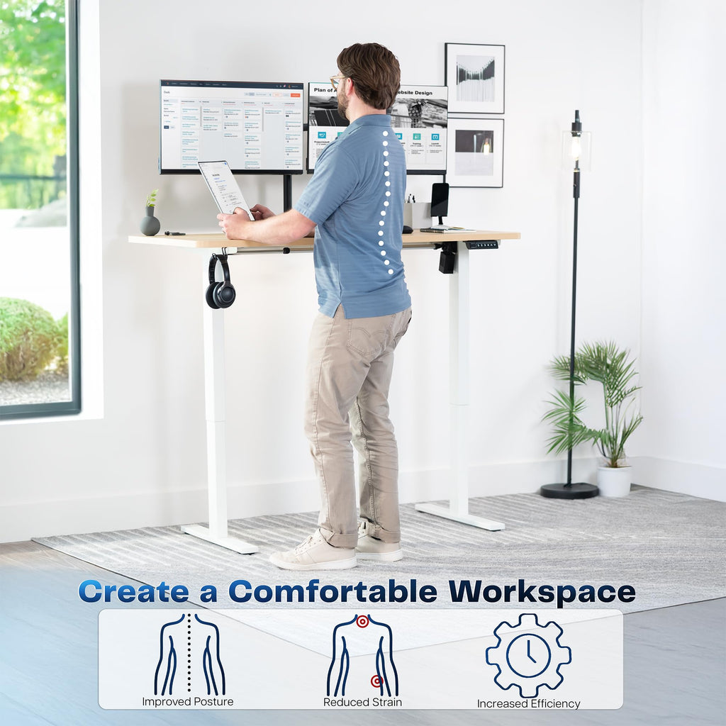 Electric 55 x 28 in Standing Desk, Memory Height Adjustment, 1B Series, Holds 220 lbs, One-Piece Light Wood Top, White Frame