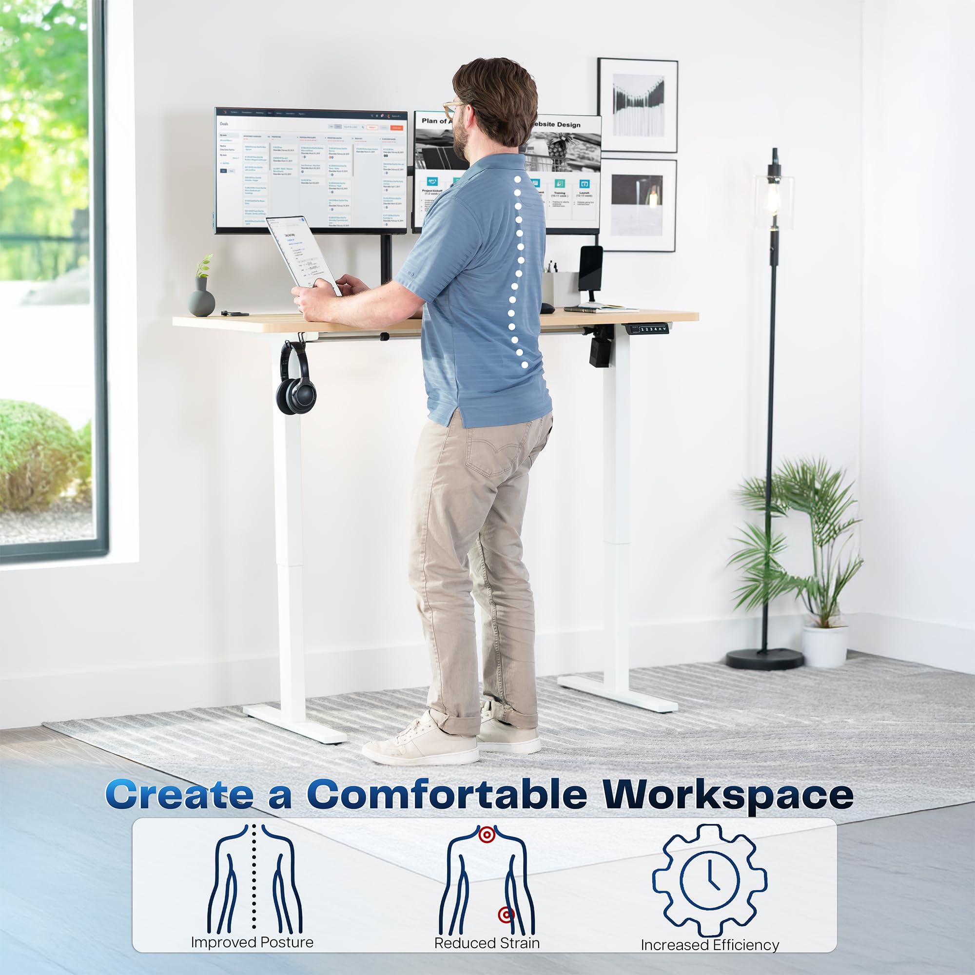 Electric 55 x 28 in Standing Desk, Memory Height Adjustment, 1B Series, Holds 220 lbs, One-Piece Light Wood Top, White Frame