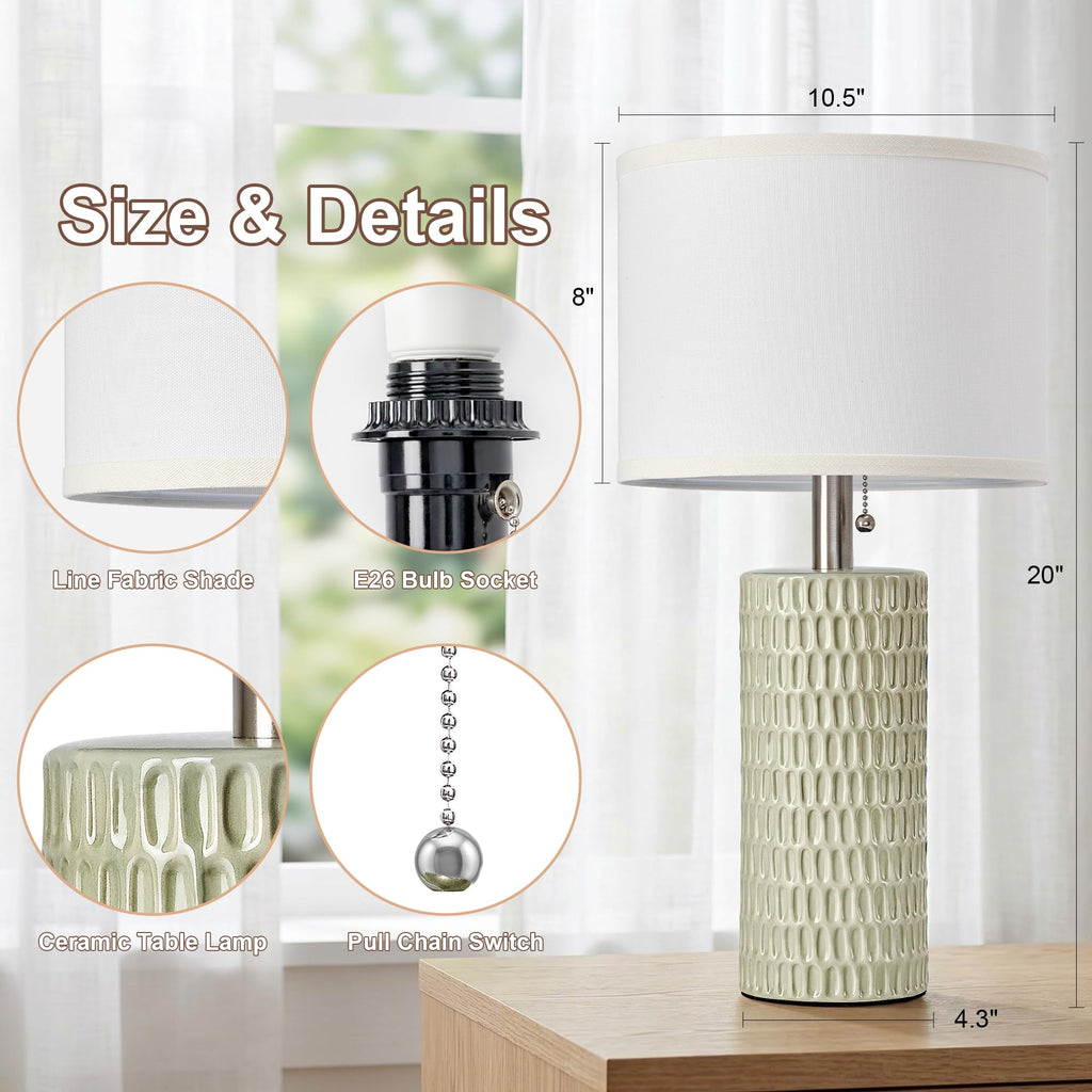 20” Modern Table Lamps Set of 2, Lamps for Bedroom, Light Green