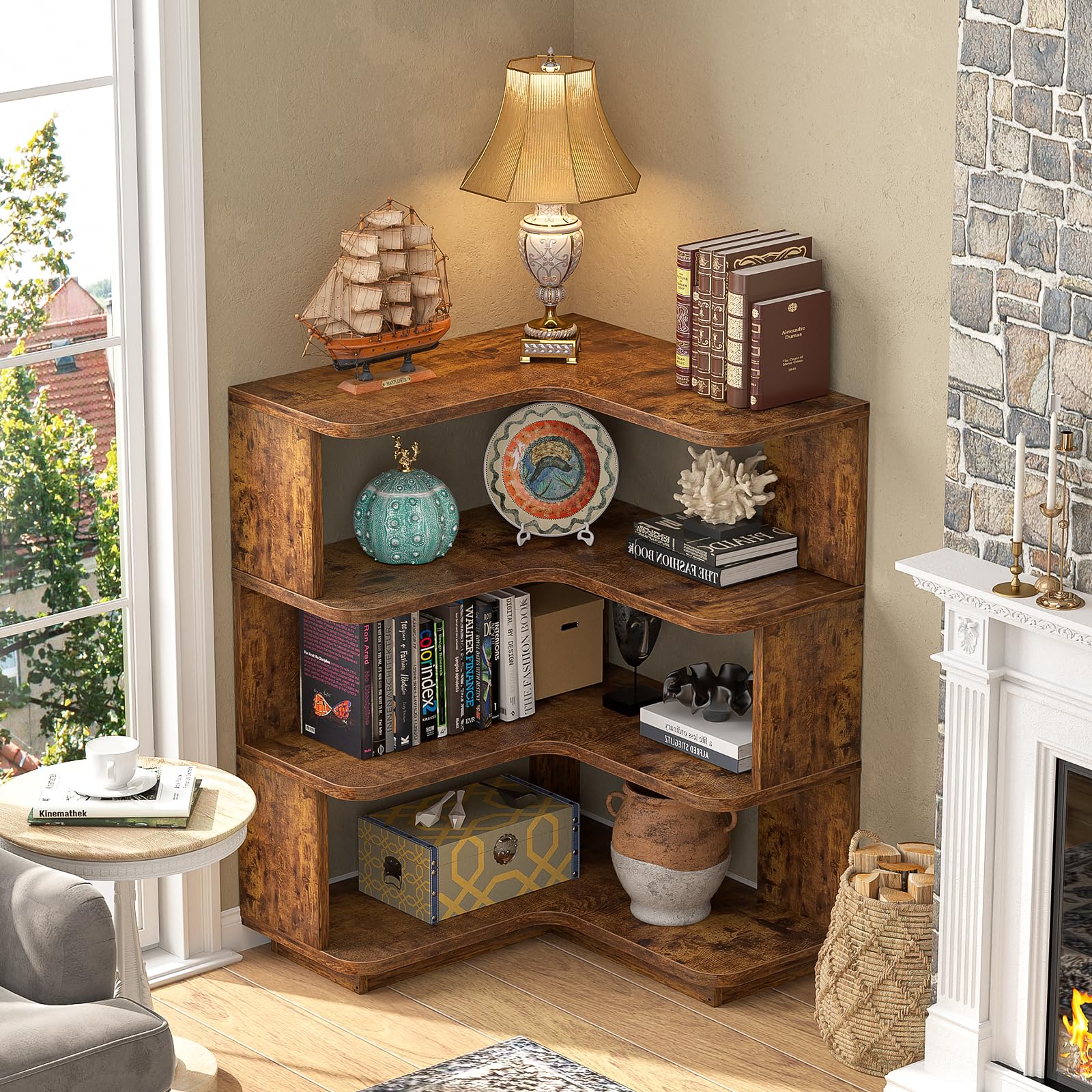 Corner Book Shelf, 4-Shelf L Shaped Corner Bookshelf with Baffle