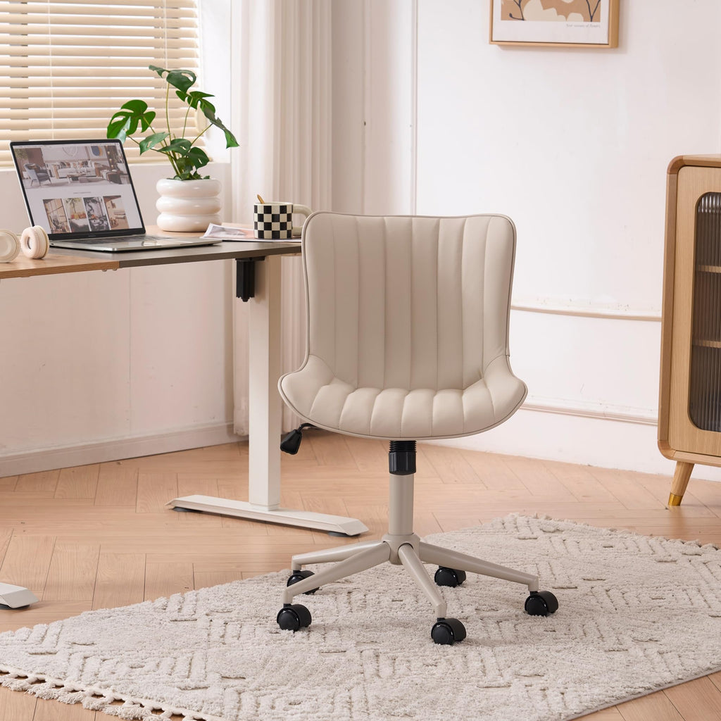 Home Office Desk Chair with Wheels Armless Vanity Chair with Back Comfy Modern Leather Upholstered Rolling Task Chair Swivel Small Cute Sewing Chair No Arms Wide Adjustable Ergonomic Cream