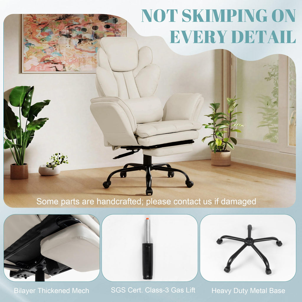 Flip Armrests Criss Cross Office Chair, Reclining Office Chair with Foot Rest, Adjustable Headrest, Massage Waist Pillow, Cross Legged Big and Tall Desk Chair Wide Seat Vanity Chair, PU Leather Beige