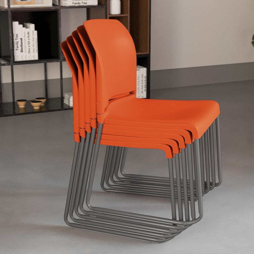 Set of 5, Hercules Series Contoured Stacking Chairs for Waiting Rooms and Offices, Ergonomic Lobby Chairs with Curved Back, Orange