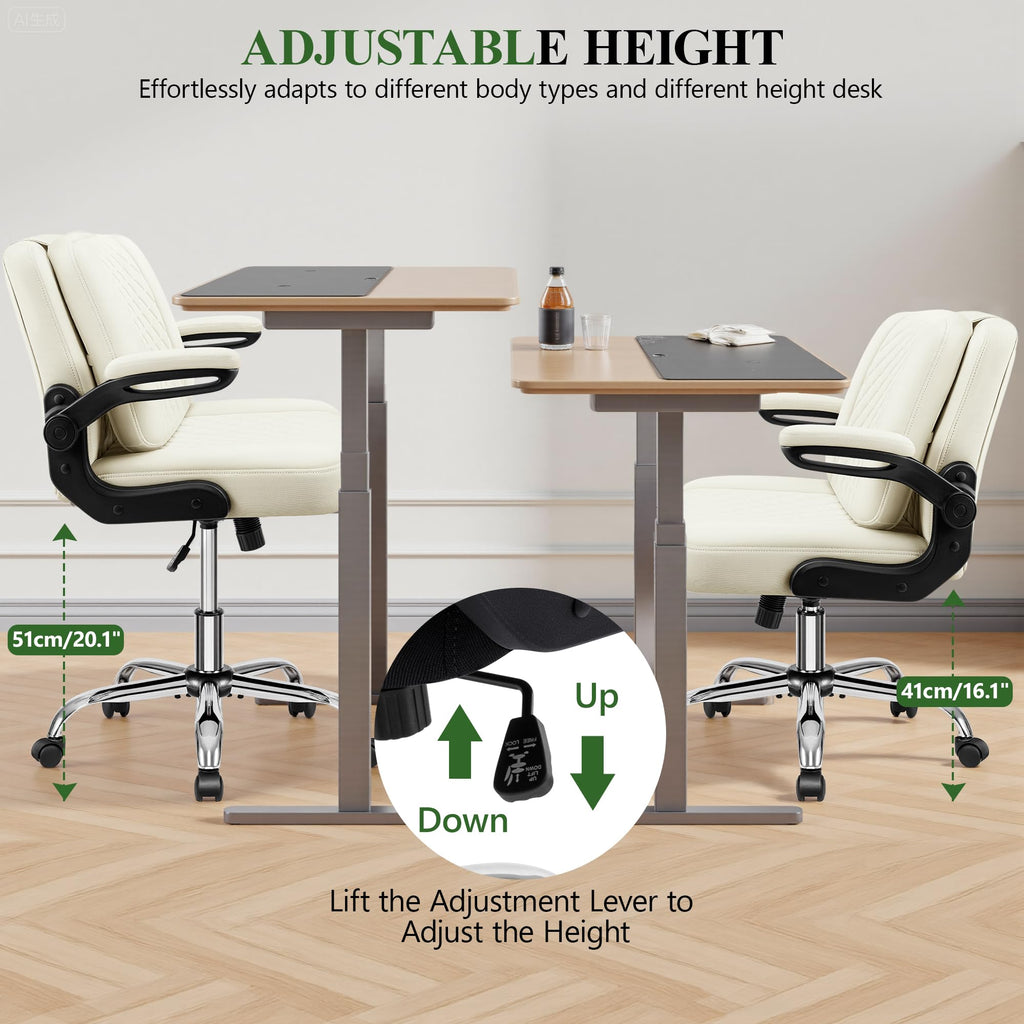 Criss Cross Office Chair with 2-in-1 Flip Backrest – Ergonomic PU Leather Floor Sitting Chair, Adjustable Height, 360° Swivel & Flip-Up Arms, Extra-Wide Seat for Home Office, Vanity, Nail Salon-White