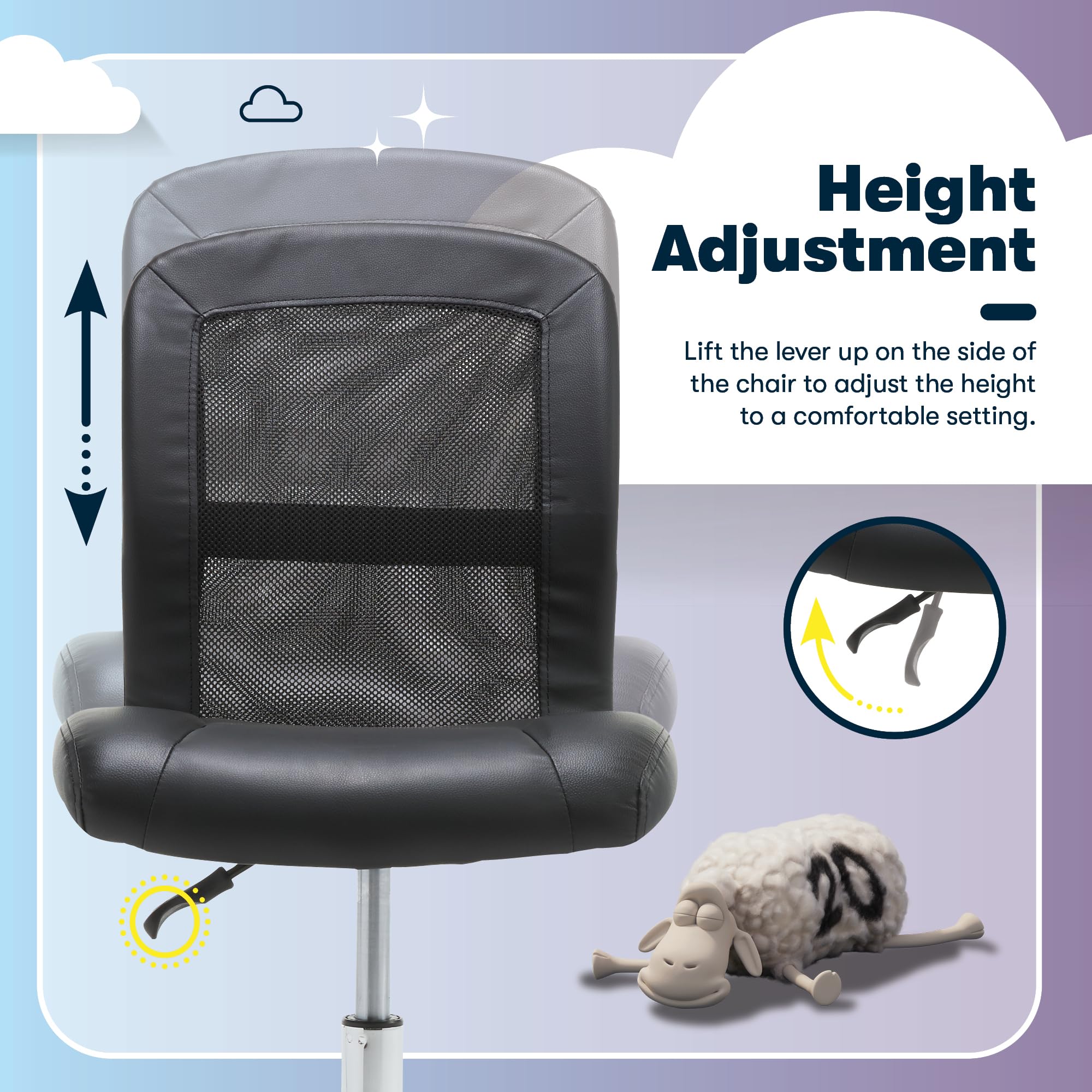 Essential Armless Chair, Small Desk Chairs with Wheels, Breathable Mesh Back and Faux Leather, Quality Foam Cushion Seat for Comfort, Minimal Design for Vanity Table, Black