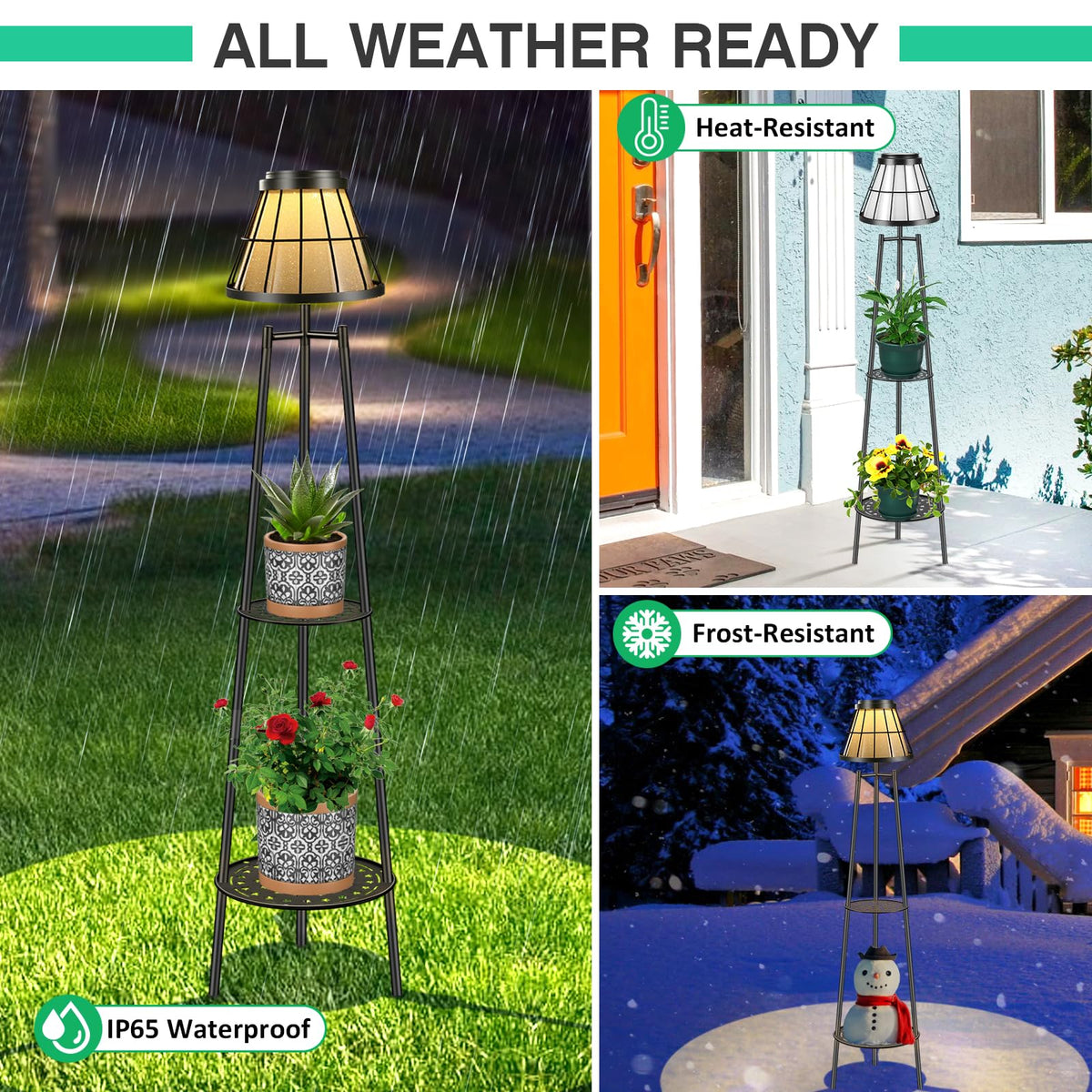 2 Pack Solar Floor Lamps Outdoor with 2-Tier Plant Stand, Metal Tall Planter Holder with Waterproof LED Lantern, Decorative Patio Light & Flower Pot Display Rack for Garden, Deck, Porch, Balcony