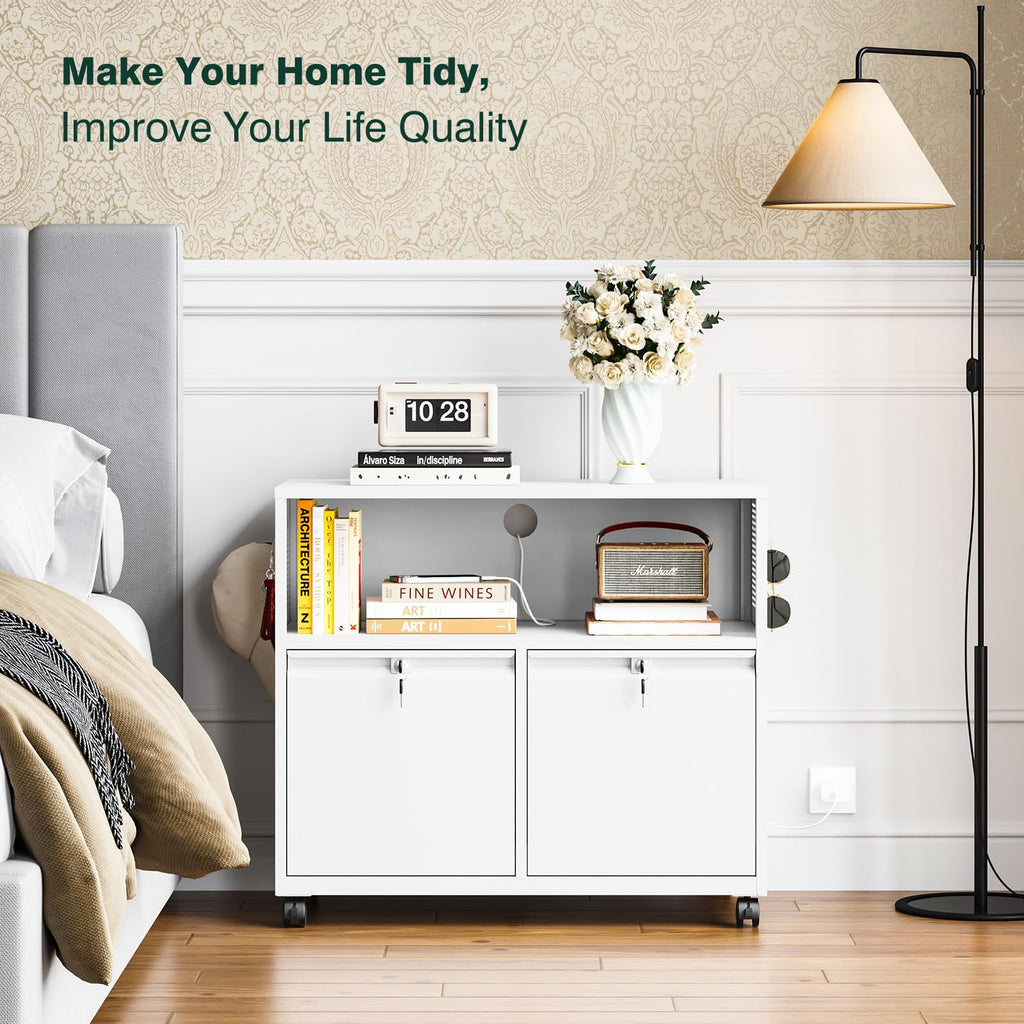 Metal File Cabinet,2 Drawer Lateral Filing Cabinet with Lock,Rolling Printer Stand Storage Cabinets with Shelves for Home Office Letter/Legal/A4 Size Files(White)