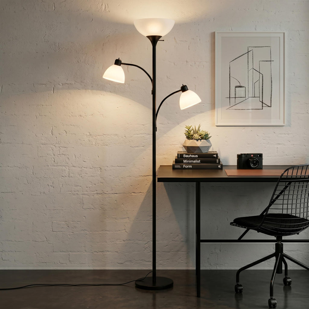 Sky Dome Double LED Floor Lamp, Torchiere Super Bright Floor Lamp with 2 Reading Lamps for Living Rooms & Offices - Dimmable Tall Standing Lamp for Bedroom Reading - Tall Black Pole
