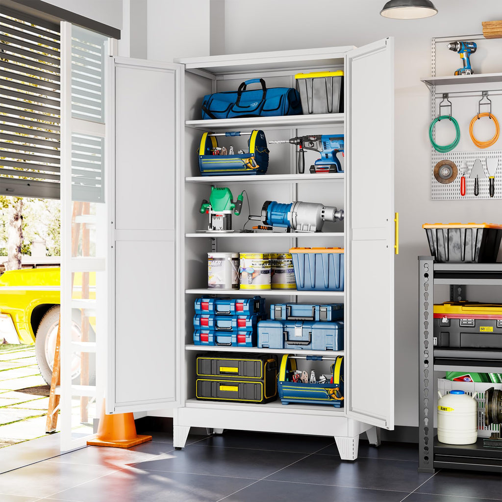 White Metal Storage Cabinet,75" Steel Cabinets for Home Office