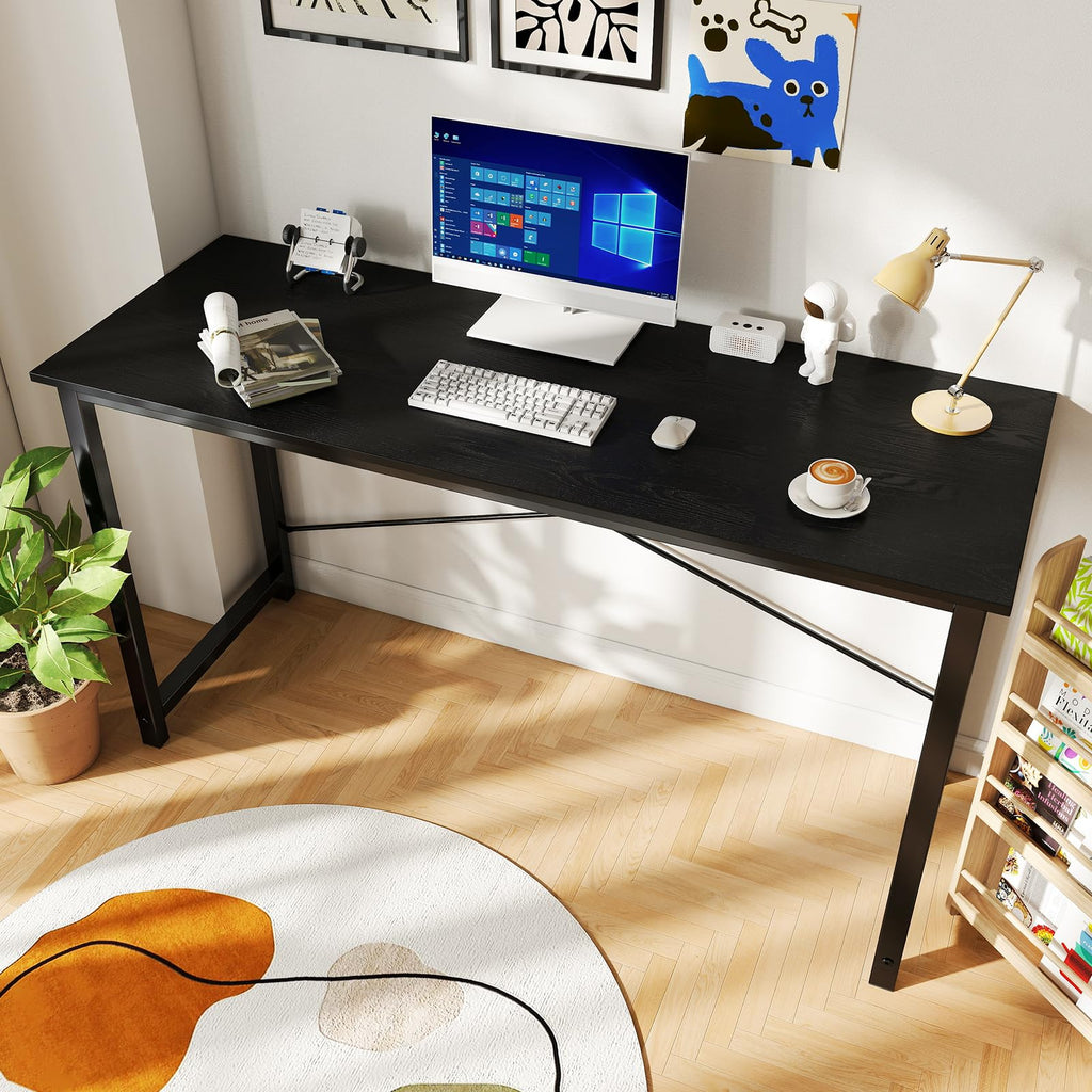 Computer Office Desk 55 Inch Student Study Writing Work with Metal Frame Wood Tabletop Modern Simple PC Home Bedroom Table - Black, Sturdy Compact Desk for Laptop, Study, Gaming