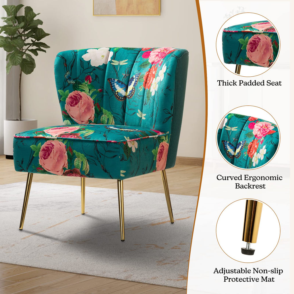 Accent Chair Set of 2 with Golden Legs, Comfy Floral Fabric Living Room Chair, Wingback Small Armless Side Chair, Upholstered Slipper Chair for Bedroom, Reading Room (Flower Print, Blue)