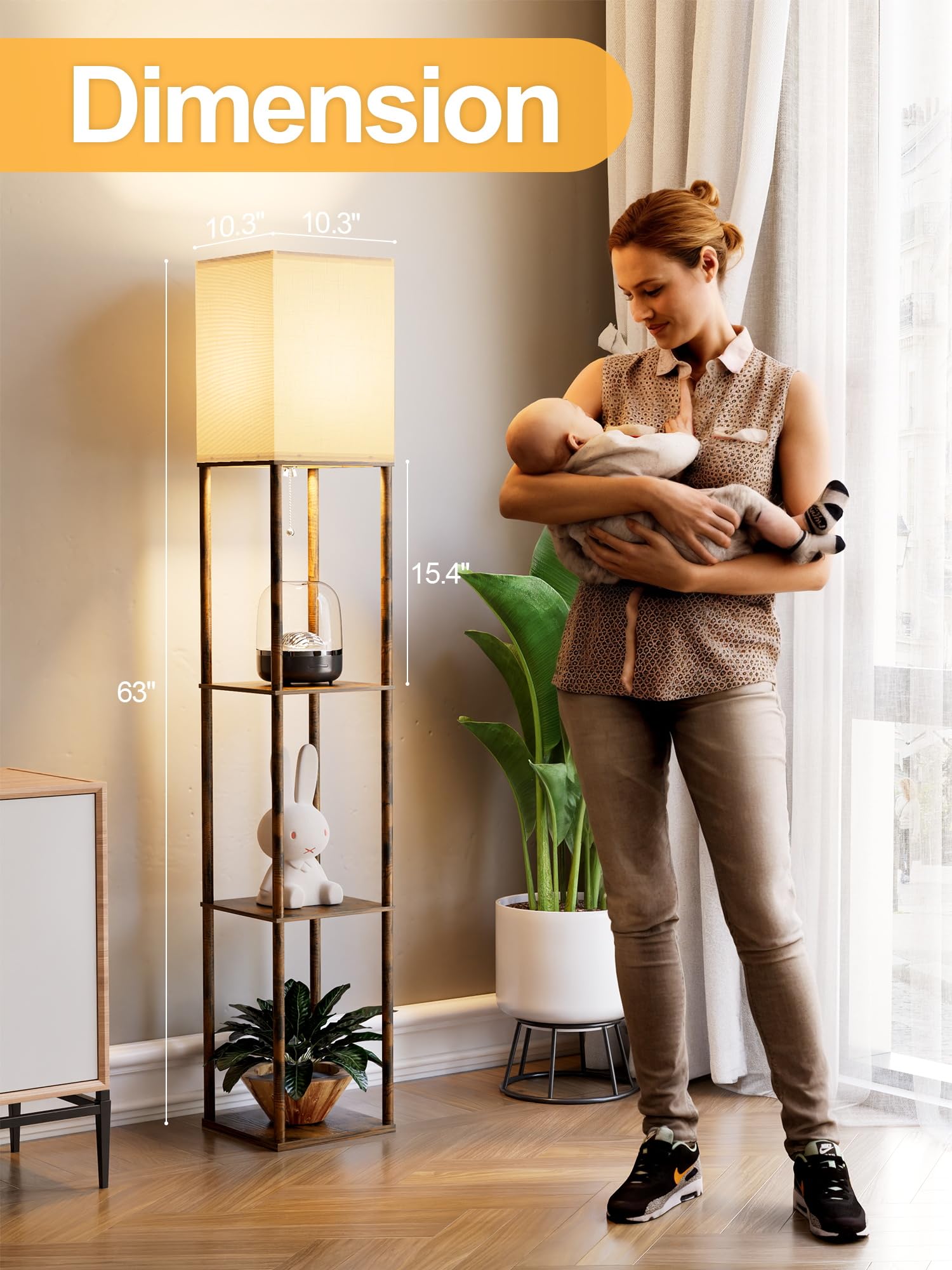 Floor Lamp with Shelves for Living Room Brown, Shelf Floor Lamp with 3 CCT LED Bulb, Corner Display Standing Column Lamp Etagere Organizer Tower Nightstand with White Linen Shade for Bedroom