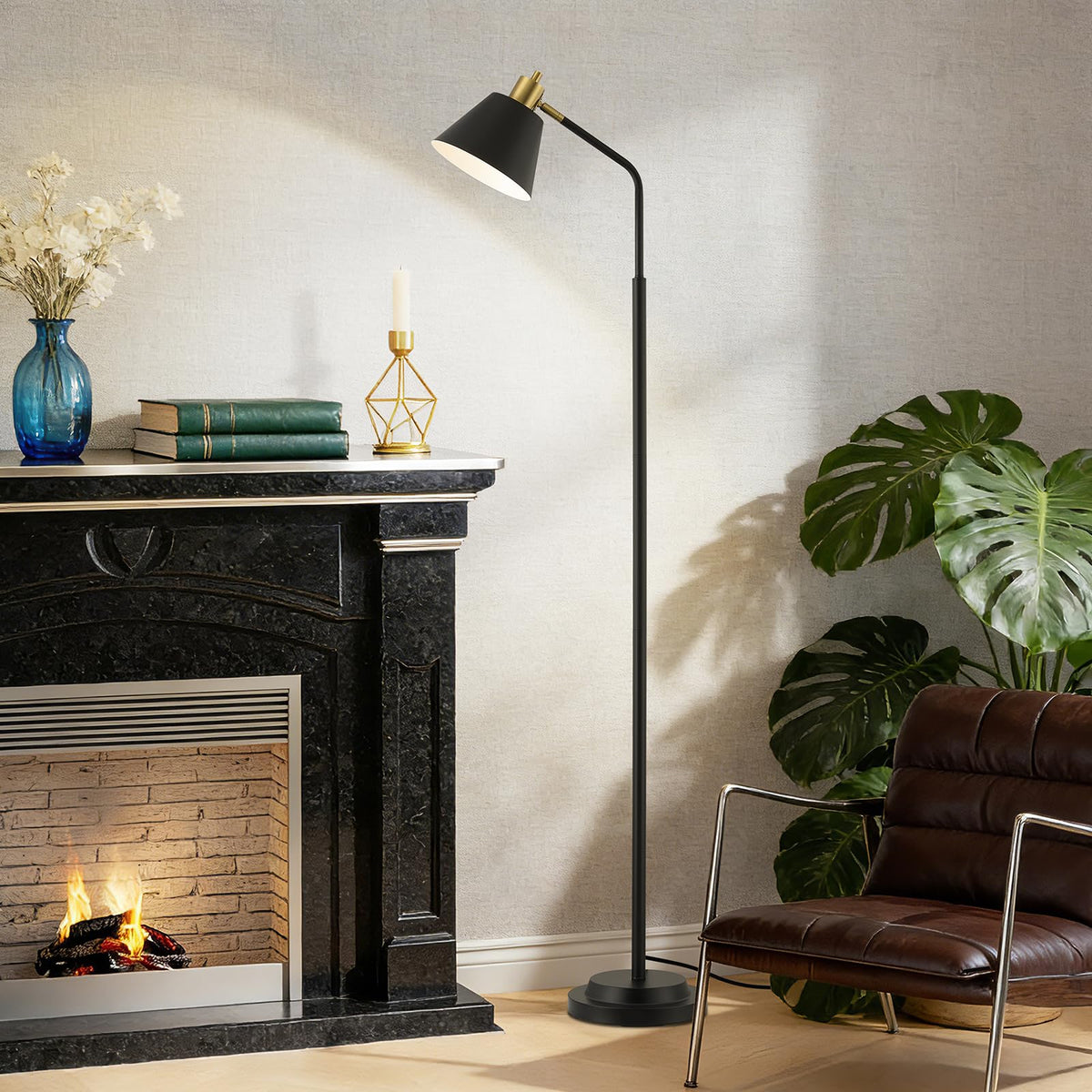 Upgraded Double-Base Black Floor Lamp, Adjustable Lamp Head-65.3"