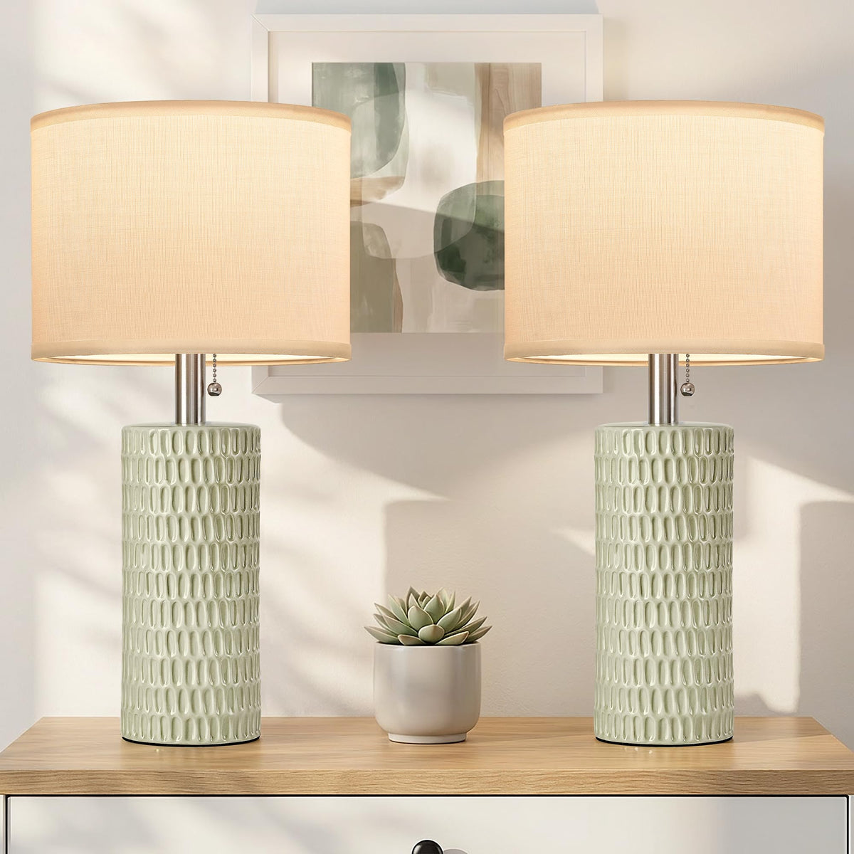 20” Modern Table Lamps Set of 2, Lamps for Bedroom, Light Green