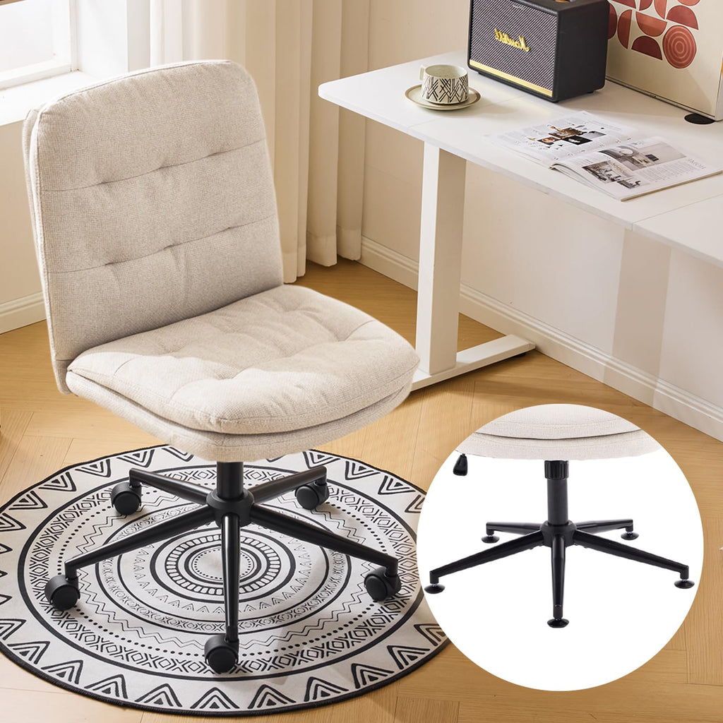 Mid Back Armless Office Desk Chair with Wheels/no Wheels,360°Rocking Swivel Vanity Chair with Thickened Cushion,Adjustable Height Rolling for Reading Room, Make up,Linen Beige