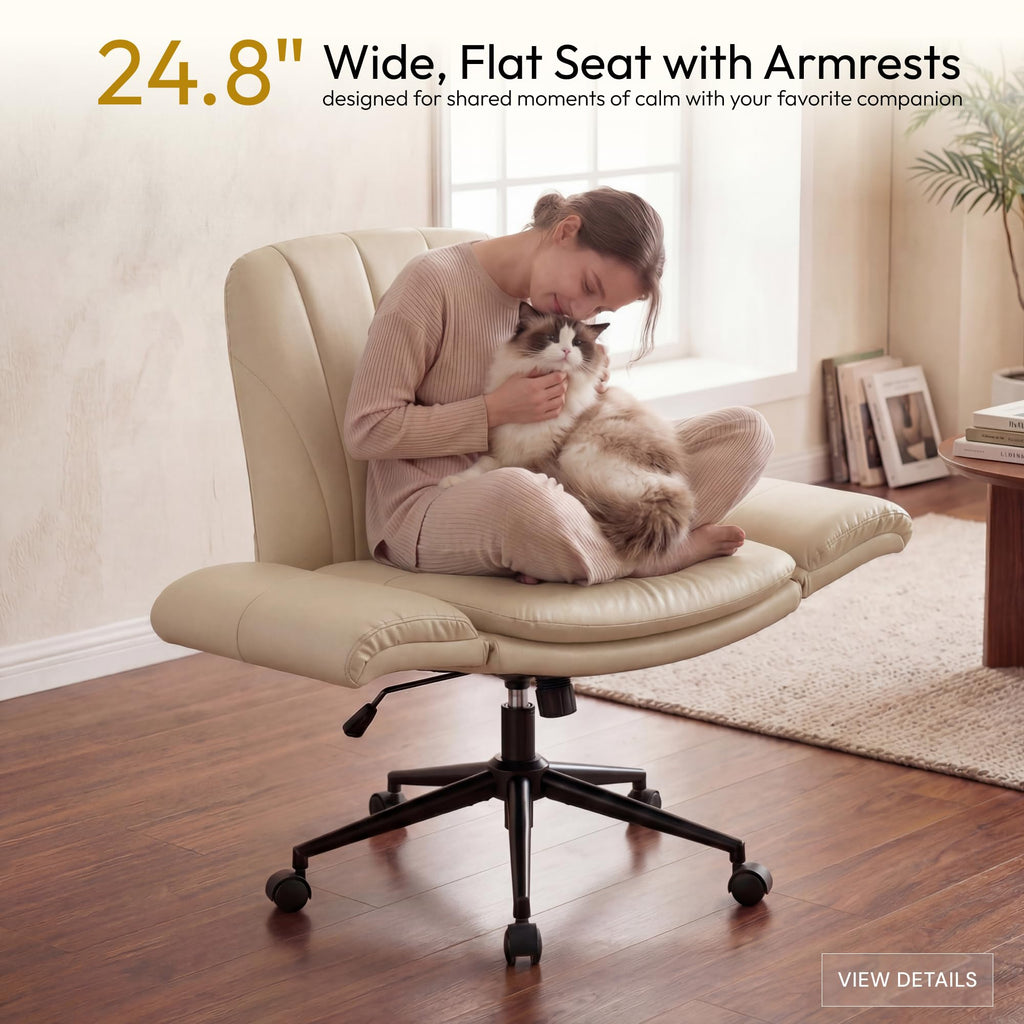 Criss Cross Chair with Five-Level Adjustable Arms and Wheels - Comfortable Ergonomic PU Leather Swivel Vanity Chair - Computer Makeup Gaming Chair for Home Office, Bedroom, Vanity Room (Khaki)
