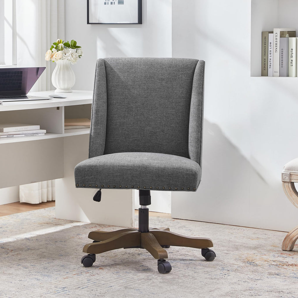 Upholstered Armless Home Office Chair with Wooden Legs, Modern Office Desk Chair No Arms Sewing Chair Adjustable Swivel Desk Chair for Farmhouse Office Study Studio (Dark Gray)