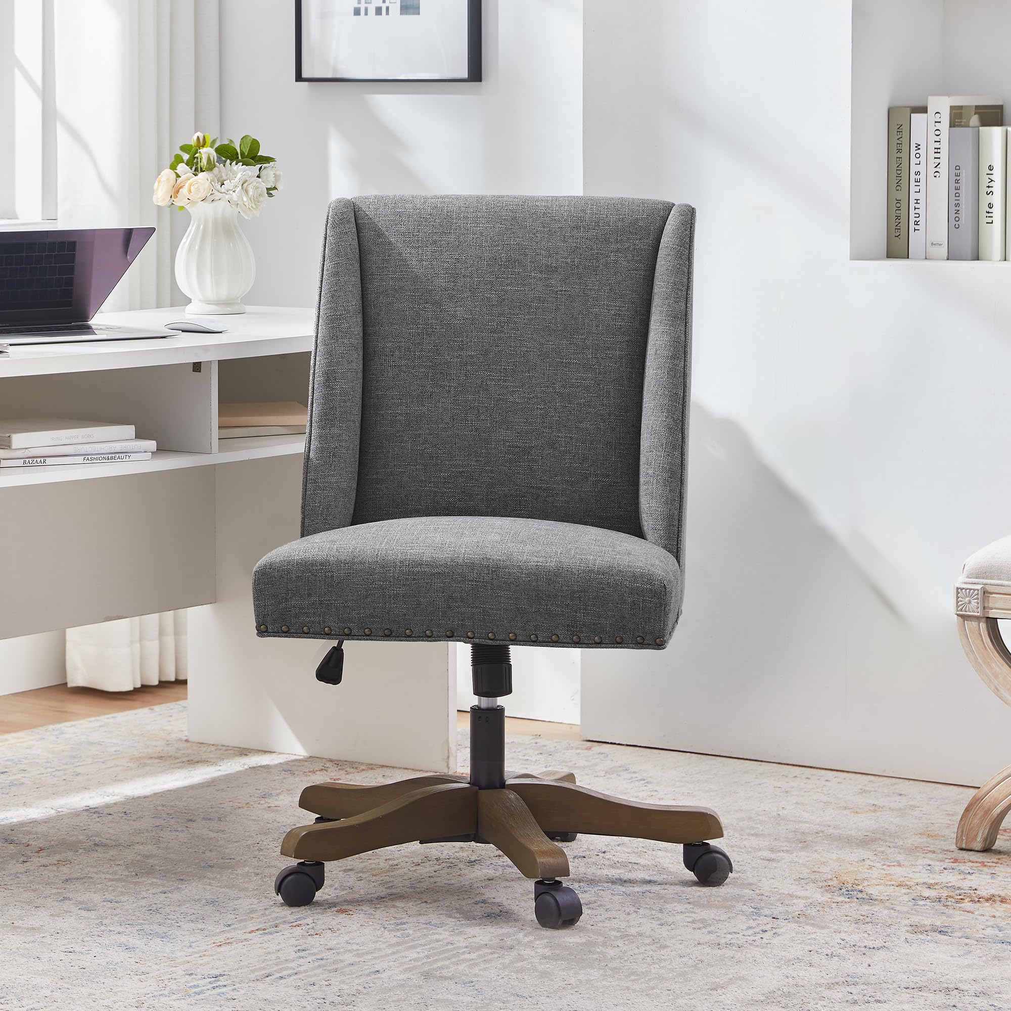 Upholstered Armless Home Office Chair with Wooden Legs, Modern Office Desk Chair No Arms Sewing Chair Adjustable Swivel Desk Chair for Farmhouse Office Study Studio (Dark Gray)